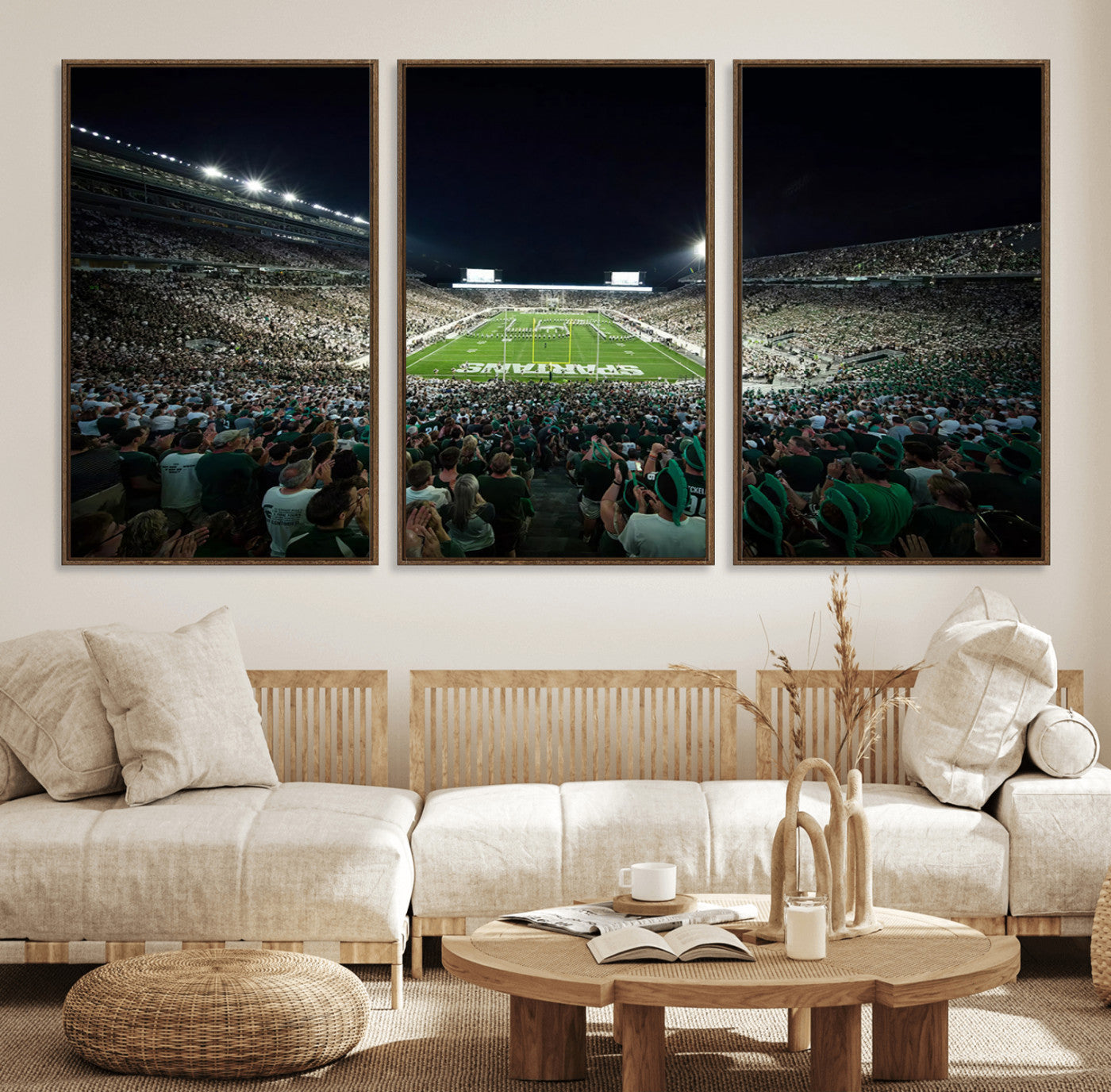57523-MGV-FC-60X30-3P_Walnut-Framed Michigan State Spartans Football Team Print - East Lansing Spartan Stadium Wall Art Canvas