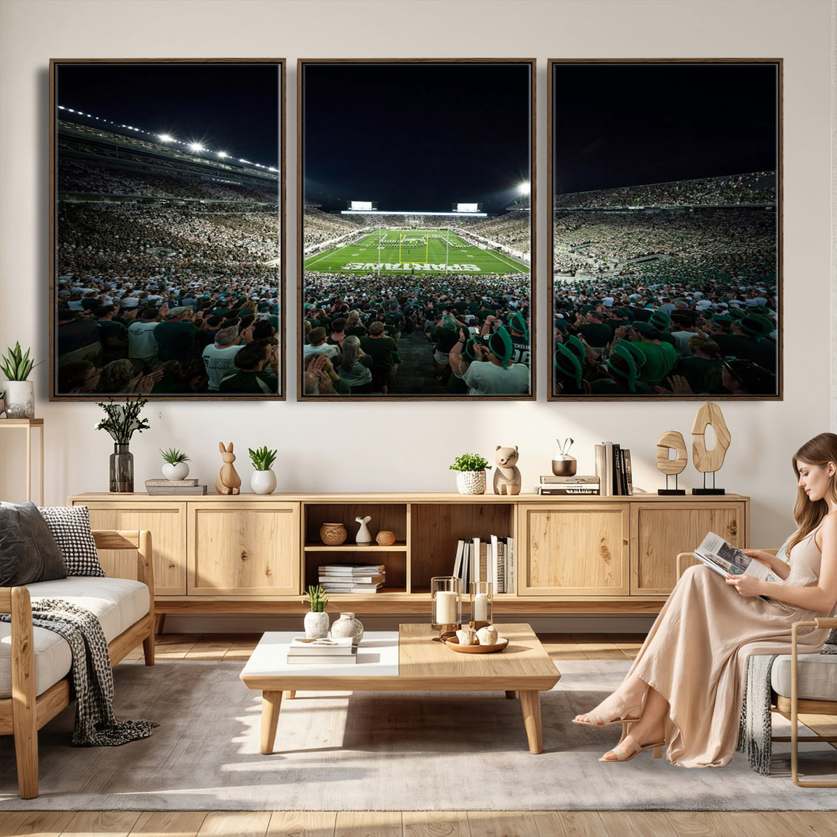 57523-PAN-FL-20X10 - Framed Michigan State Spartans Football Team Print - East Lansing Spartan Stadium Wall Art Canvas