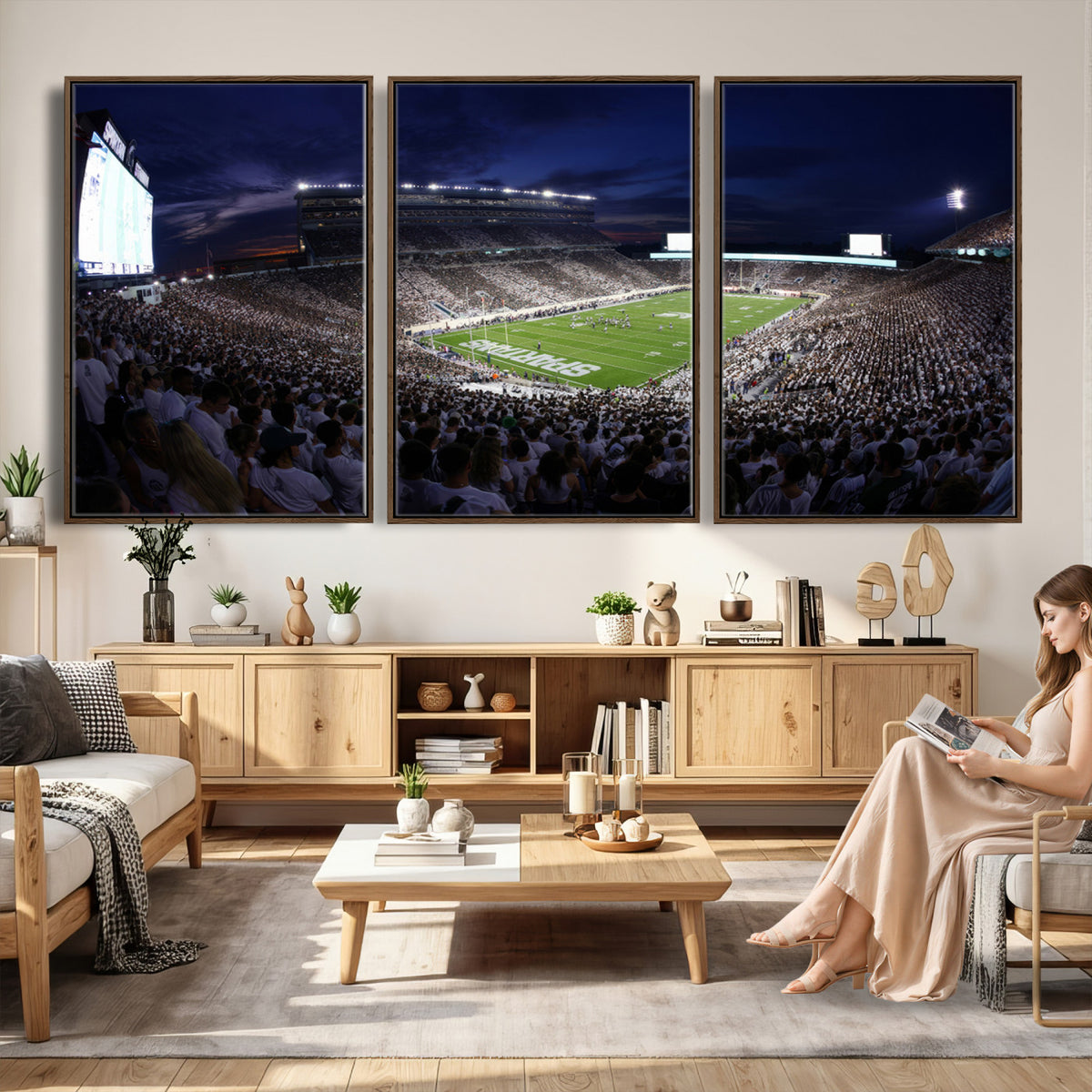 75193-PAN-FL-20X10 - Michigan State Spartans Canvas, Framed Football Team Print - East Lansing Spartan Stadium Wall Art