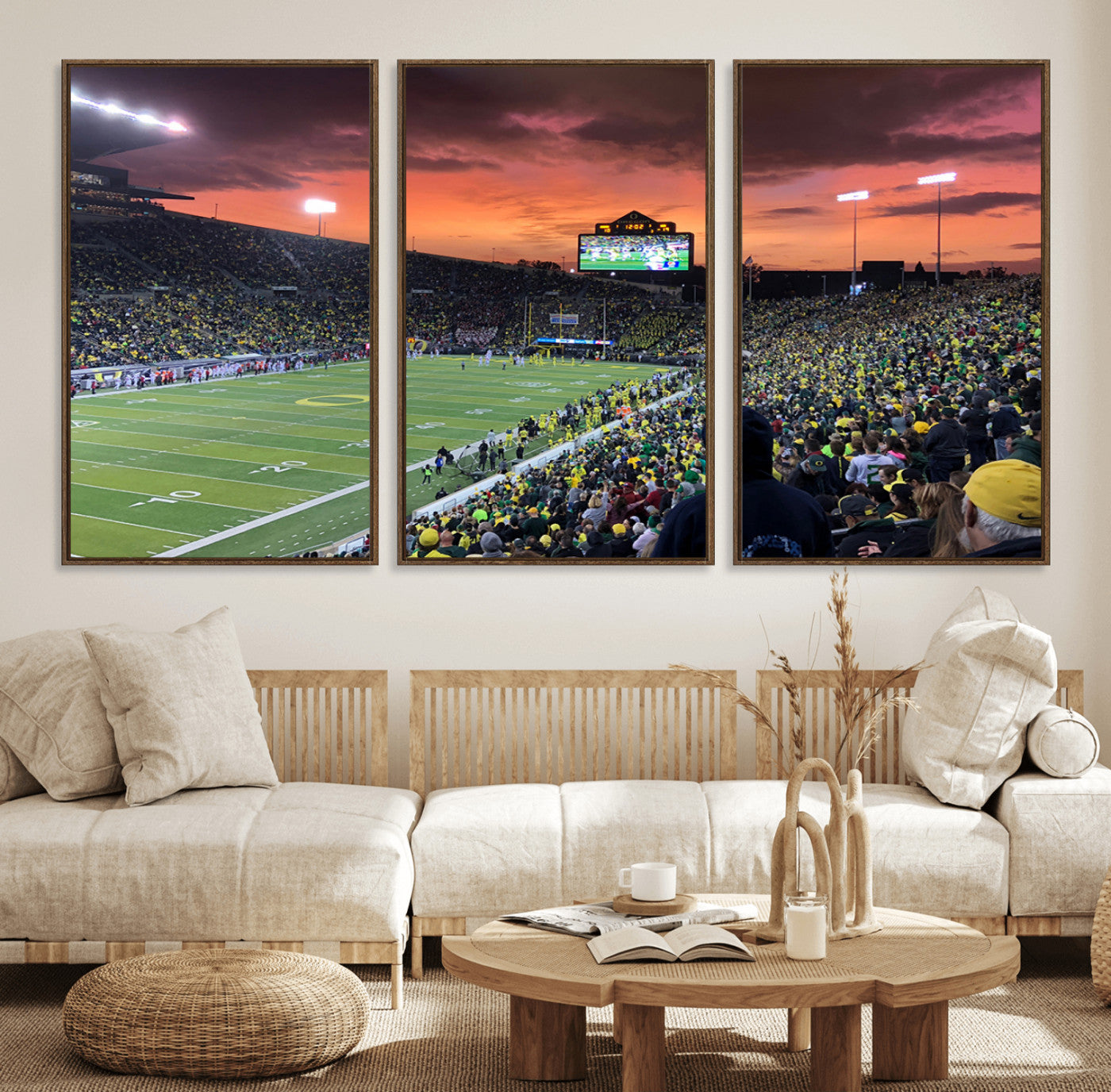 75065-MGV-FC-60X30-3P_Walnut-Eugene Autzen Stadium Canvas Wall Art Print – Sunset Over Iconic Football Field Wall Decor for Home