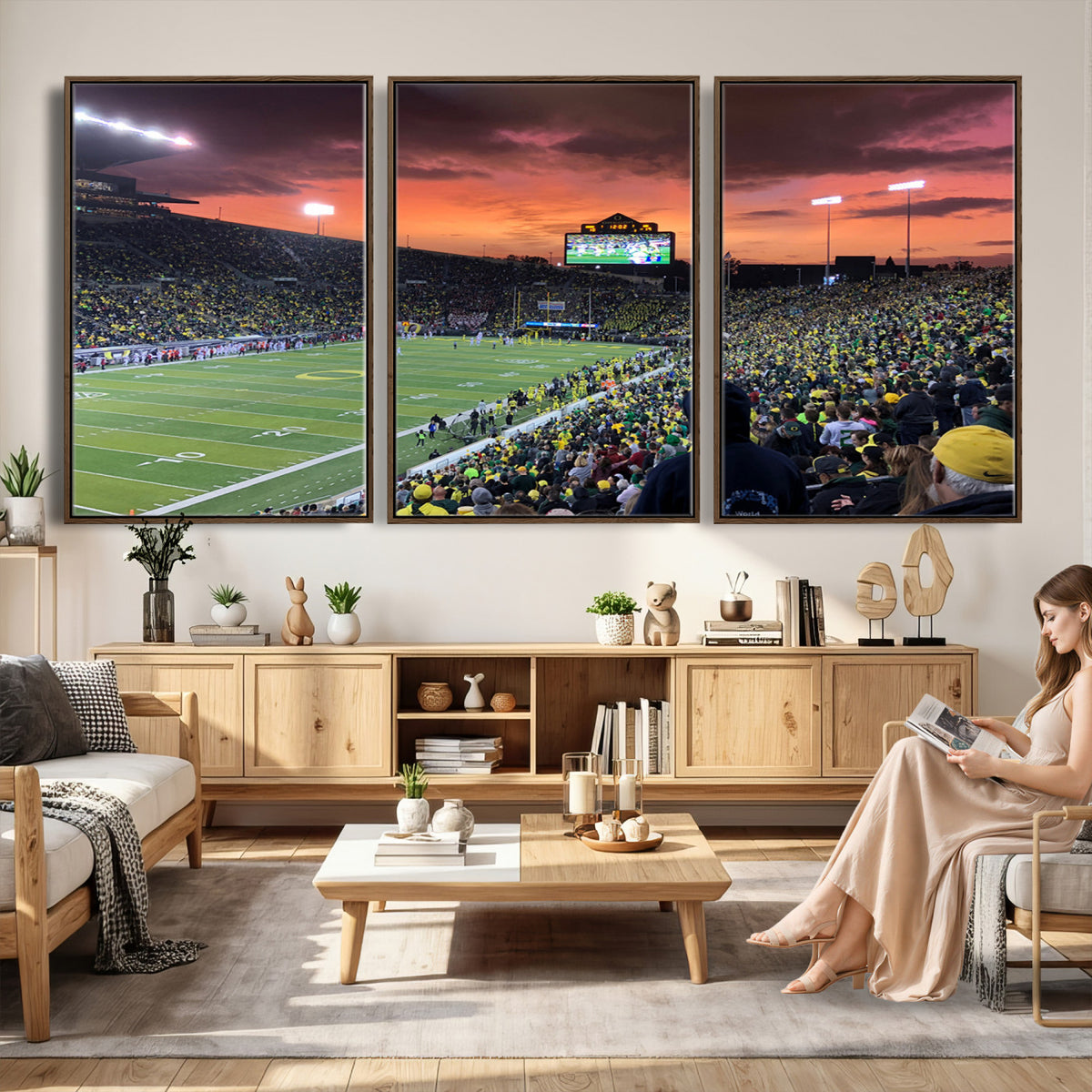 75065-PAN-FL-20X10 - Eugene Autzen Stadium Canvas Wall Art Print – Sunset Over Iconic Football Field Wall Decor for Home
