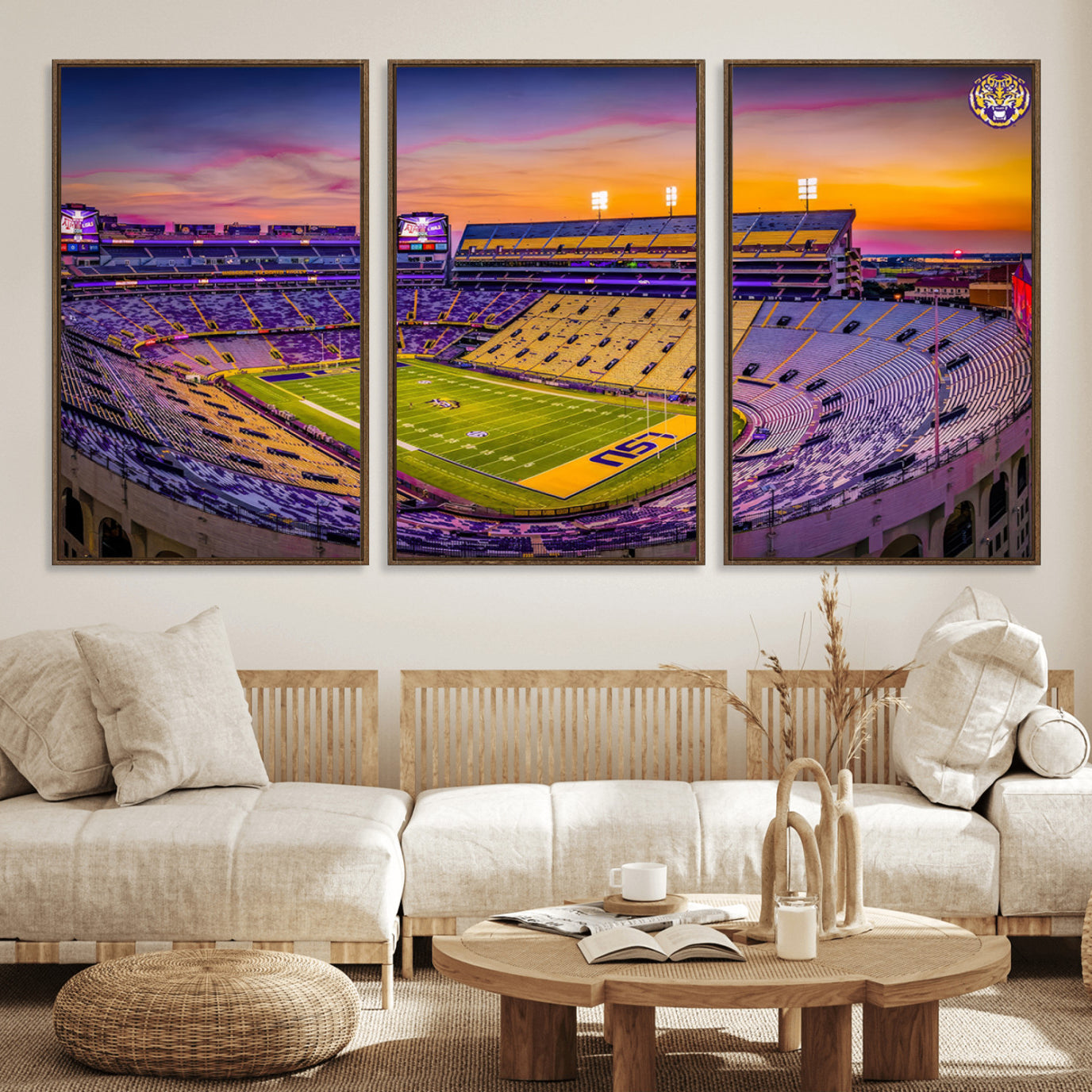 93538-MGV-FC-60X30-3P_Walnut-The Louisiana State University Tigers Football Team Print - Baton Rouge Tiger Stadium Wall Art