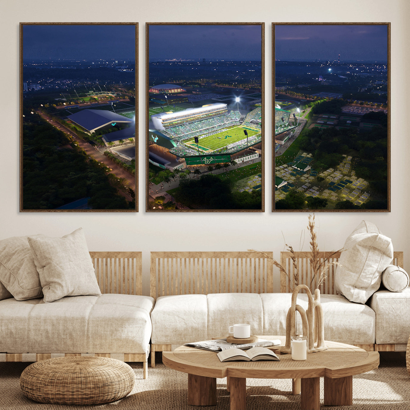 27554-MGV-FC-60X30-3P_Walnut-The University of South Florida Bulls Football Team Print - Tampa USF Football Stadium Wall Art