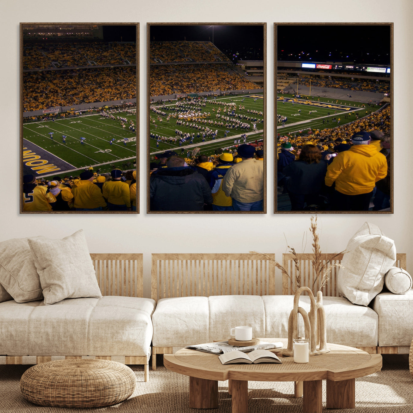 58154-MGV-FC-60X30-3P_Walnut-West Virginia Uni Mountaineers Football Team Print - Milan Puskar Stadium Canvas Print Wall Art,