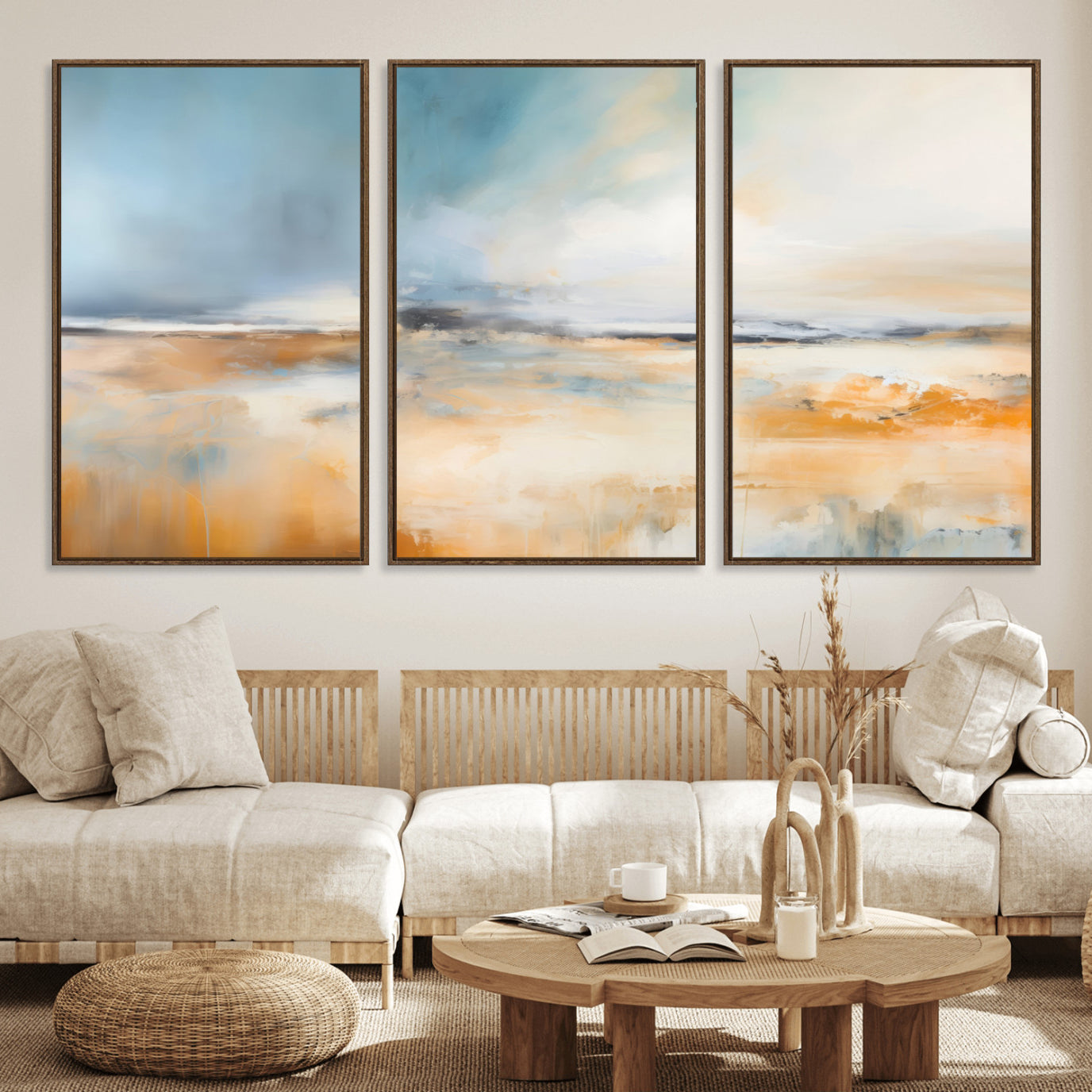 guzelmis-sharpen-MGV-FC-60X30-3P_Walnut-Abstract Landscape Wall Art Canvas Print - Warm Tones of Orange and Blue, Modern Framed Art for Home
