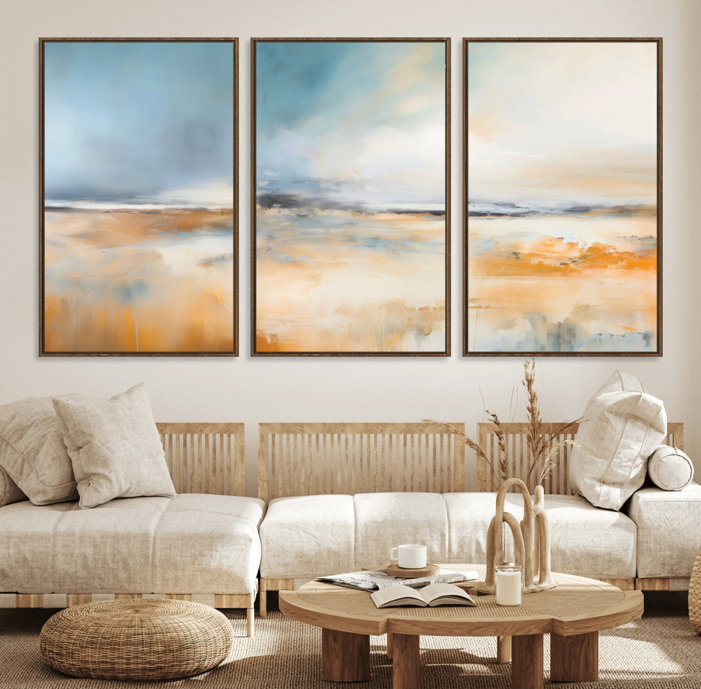 guzelmis-sharpen-MGV-FC-60X30-3P_Walnut-Abstract Landscape Wall Art Canvas Print - Warm Tones of Orange and Blue, Modern Framed Art for Home