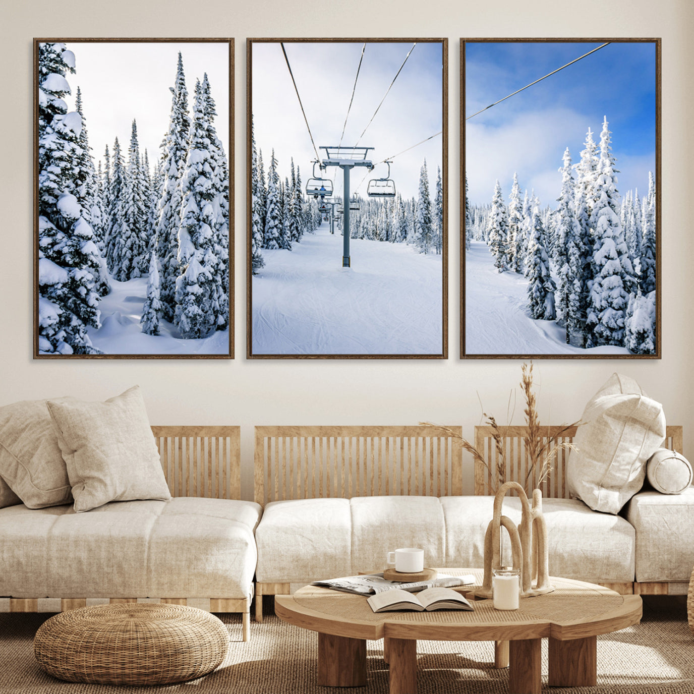 21569-MGV-FC-60X30-3P_Walnut-Winter Ski Lift Wall Art Print - Landscape Wall Art | Snowy Mountain Adventure | Perfect for Cabin