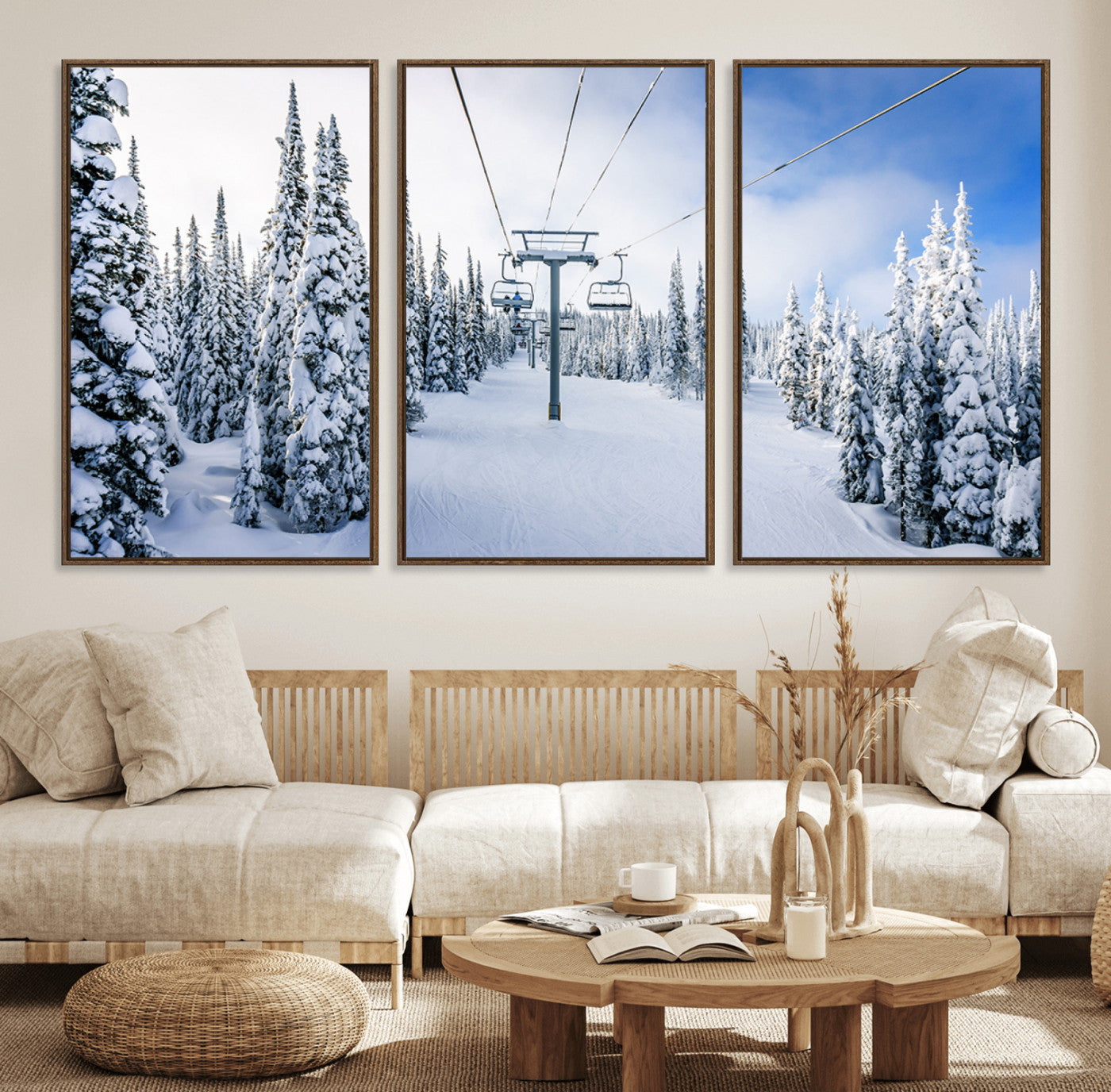 21569-MGV-FC-60X30-3P_Walnut-Winter Ski Lift Wall Art Print - Landscape Wall Art | Snowy Mountain Adventure | Perfect for Cabin