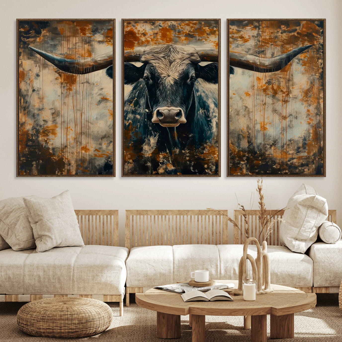 85913-MGV-FC-60X30-3P_Walnut-Longhorn Wall Art – Rustic Western Bull Canvas Print, Modern Farmhouse Animal Decor for Living Room, Office, or Ranch House