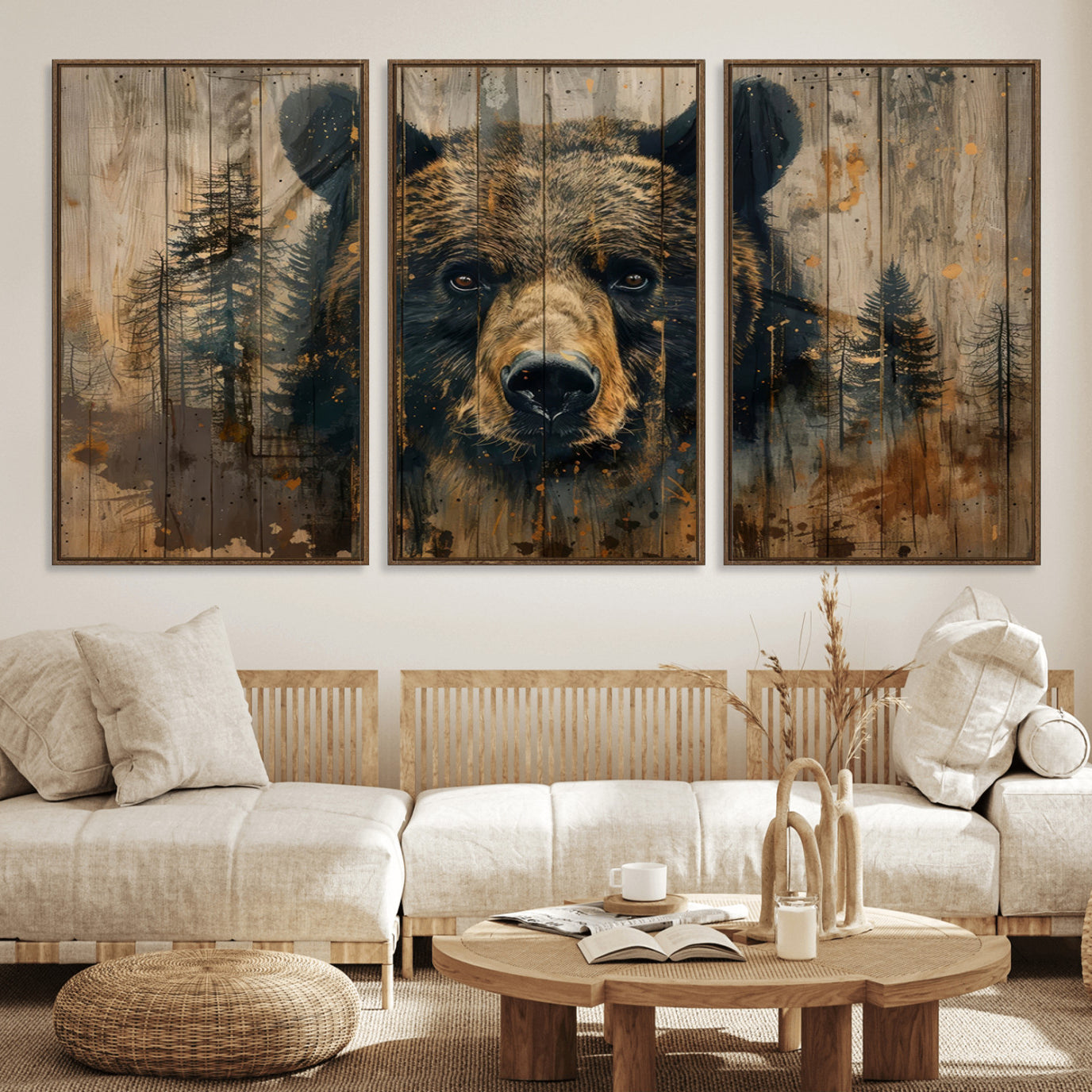 51373-MGV-FC-60X30-3P_Walnut-Abstract 399 Bear Wall Art | Rustic Cabin Wall Decor with Forest Design | Framed and Ready to Hang |