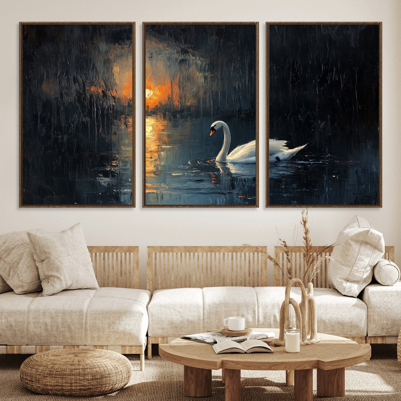 80615-MGV-FC-60X30-3P_Walnut-Abstract Swan on Water Wall Art Canvas Print - Elegant Nature Scene for Modern Home Decor