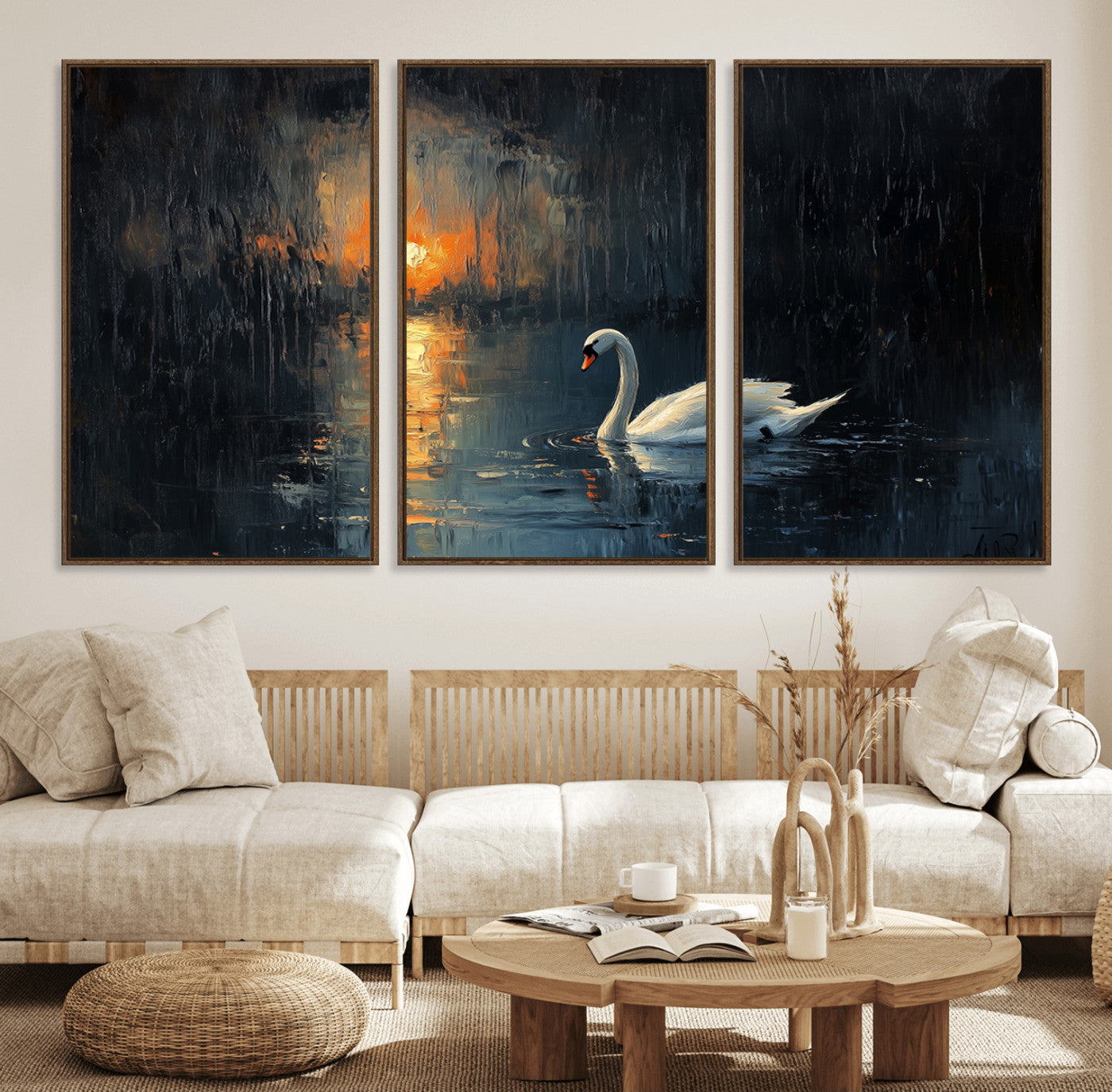 80615-MGV-FC-60X30-3P_Walnut-Abstract Swan on Water Wall Art Canvas Print - Elegant Nature Scene for Modern Home Decor