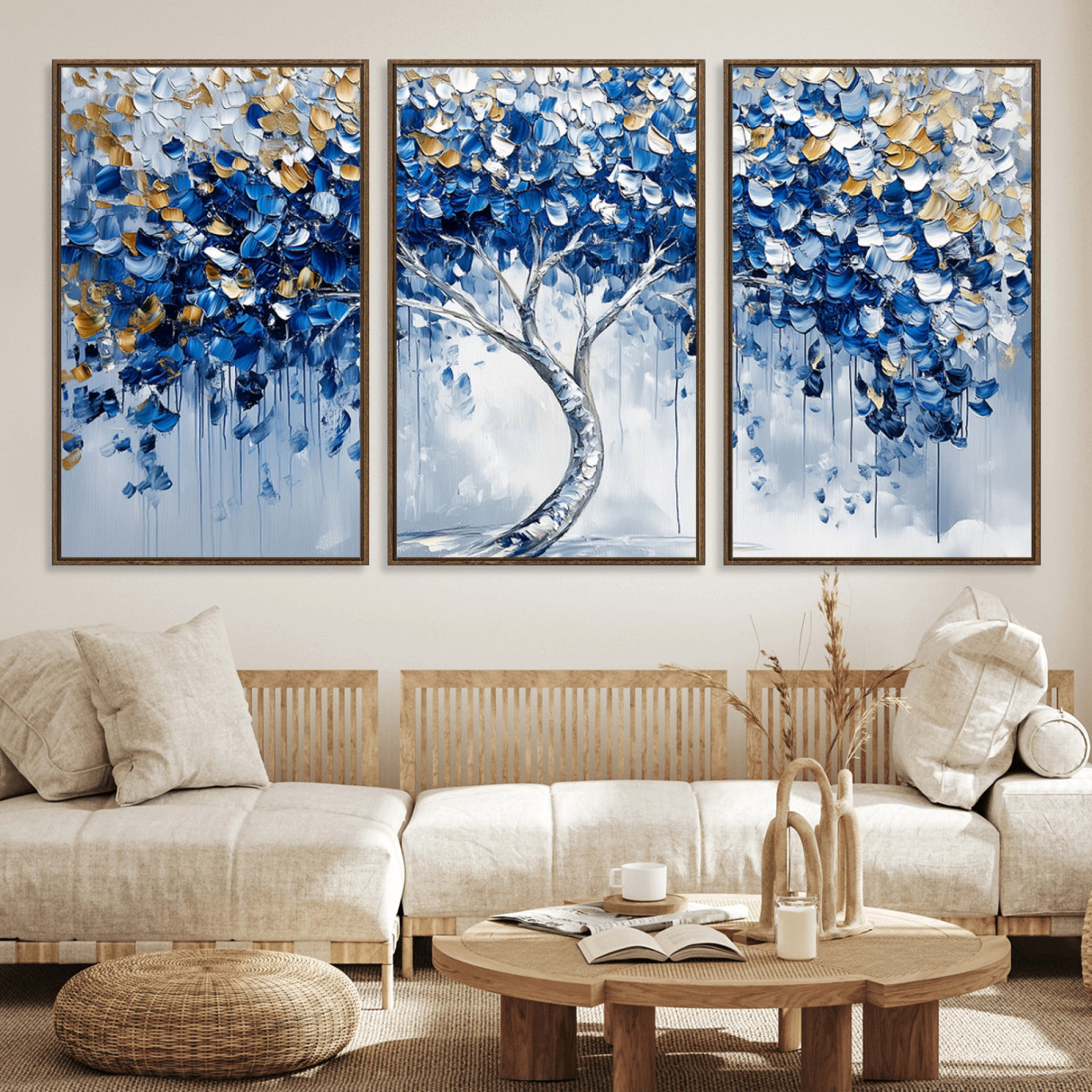 62350-MGV-FC-60X30-3P_Walnut-Blue and Gold Abstract Tree Wall Art Canvas Print | Modern Tree of Life Painting | Framed Canvas
