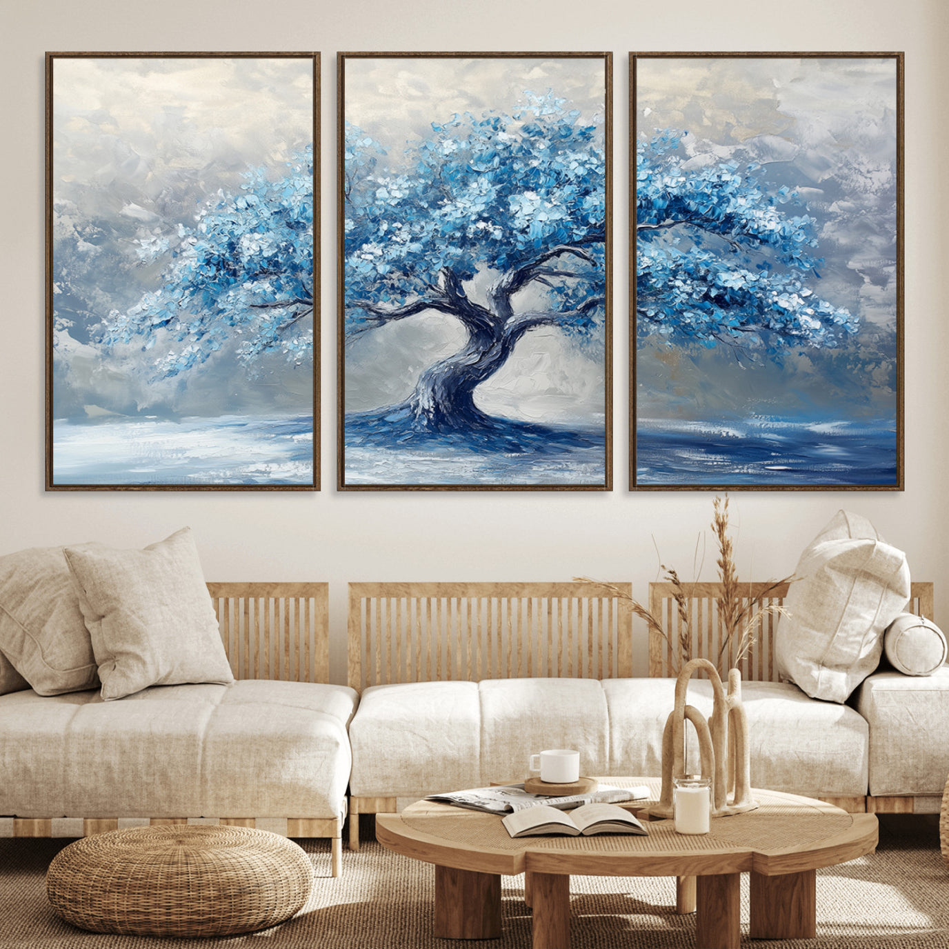 56105-MGV-FC-60X30-3P_Walnut-Abstract Blue Tree Art Canvas Print, Majestic Tree Wall Art Print for Farmhouse Decor