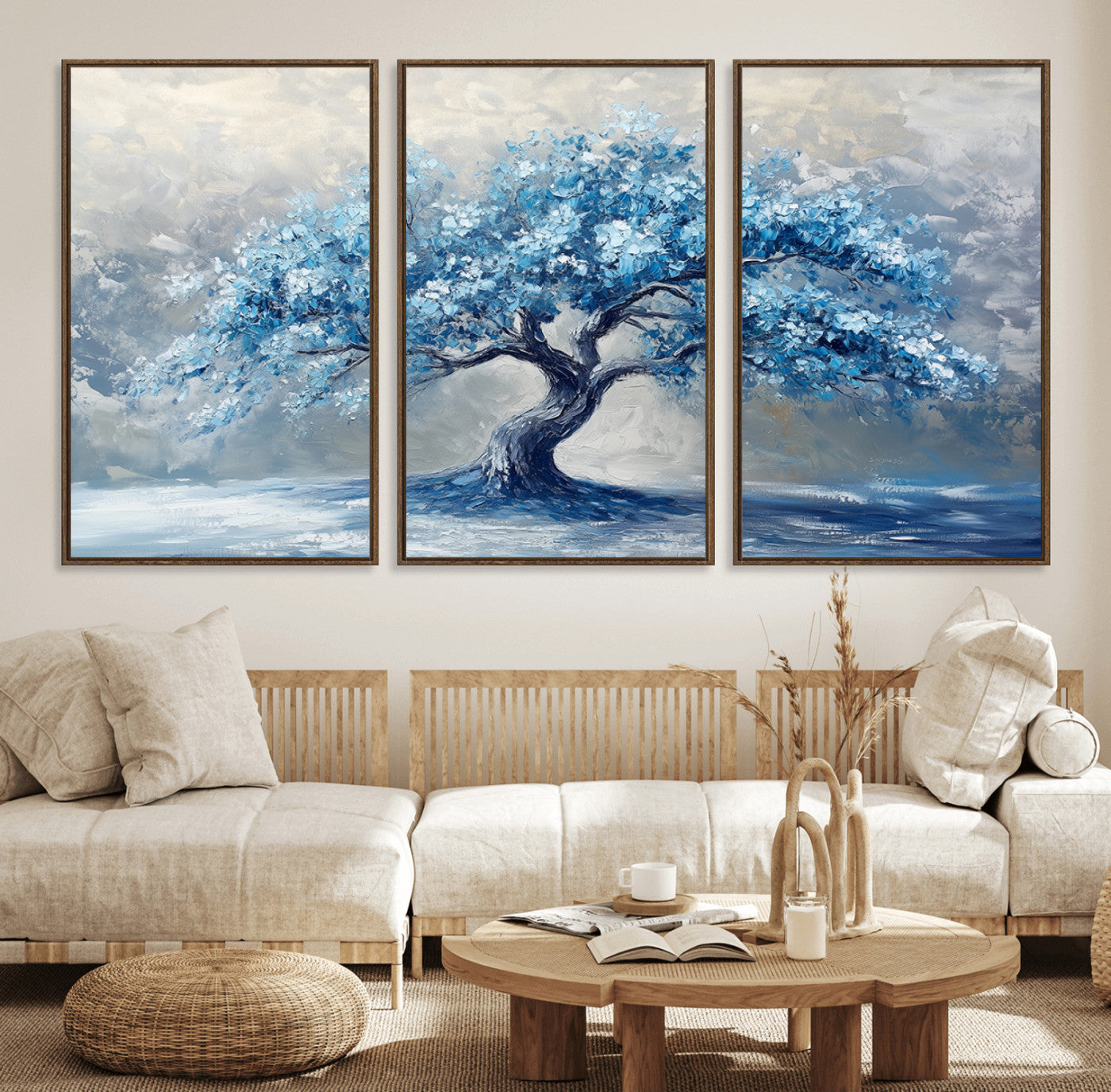 56105-MGV-FC-60X30-3P_Walnut-Abstract Blue Tree Art Canvas Print, Majestic Tree Wall Art Print for Farmhouse Decor