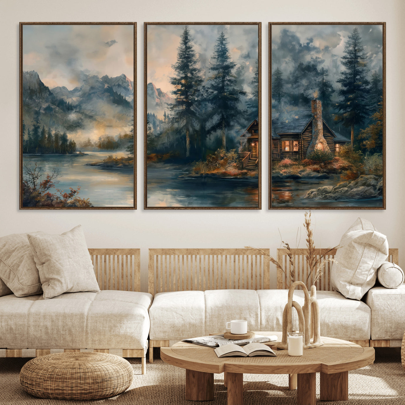 99088-MGV-FC-60X30-3P_Walnut-Rustic Cabin Woods Wall Art Print | Lake in a Forest Canvas Print | Cabin, Lodge, and Farmhouse