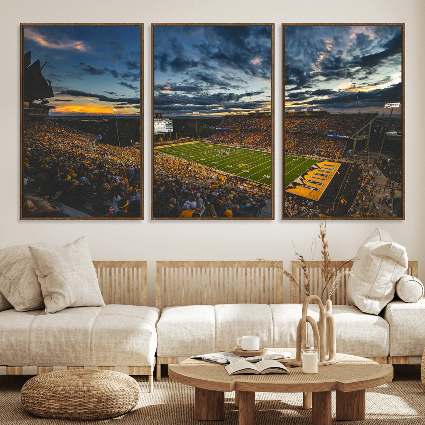 41879-MGV-FC-60X30-3P_Walnut-University of Wyoming Cowboys Football Team Print - Laramie War Memorial Stadium Wall Art Canvas