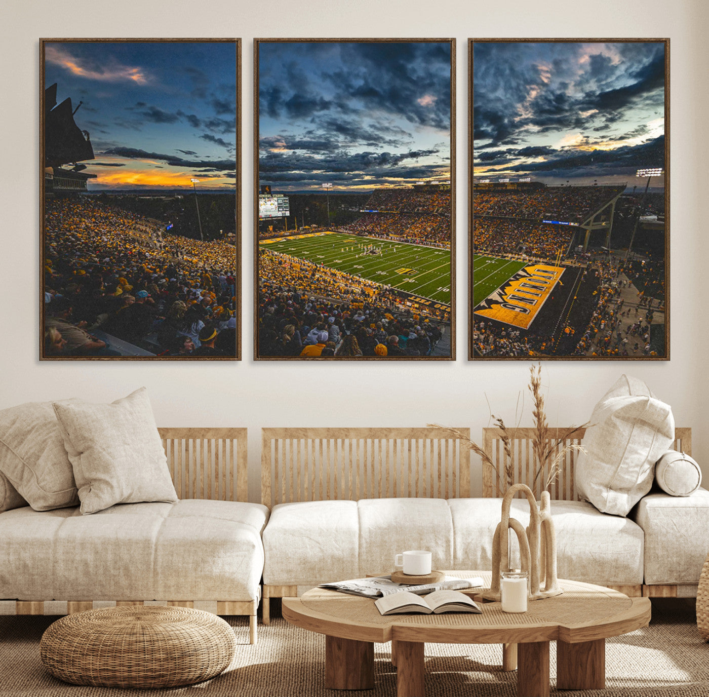 61020-MGV-FC-60X30-3P_Walnut-University of Wyoming Cowboys Football Team Print - Laramie War Memorial Stadium Wall Art Canvas