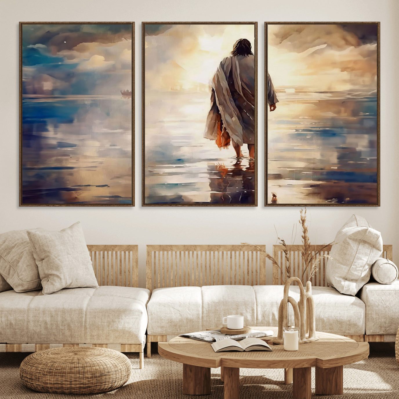 29769-MGV-FC-60X30-3P_Walnut-Jesus Walking on Water Wall Art | Ready to Hang Spiritual Triptych Canvas Print | Inspirational