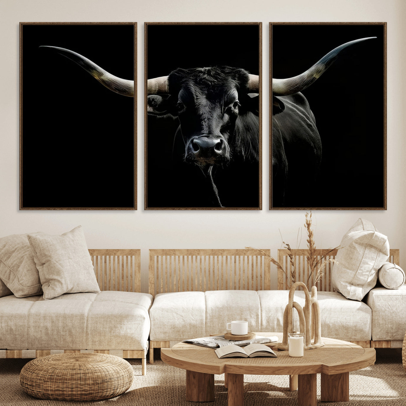 20679-MGV-FC-60X30-3P_Walnut-Texas Black Longhorn Bull Wall Art Canvas Print - Western Texas Cattle Rustic Decor Print - Longhorn