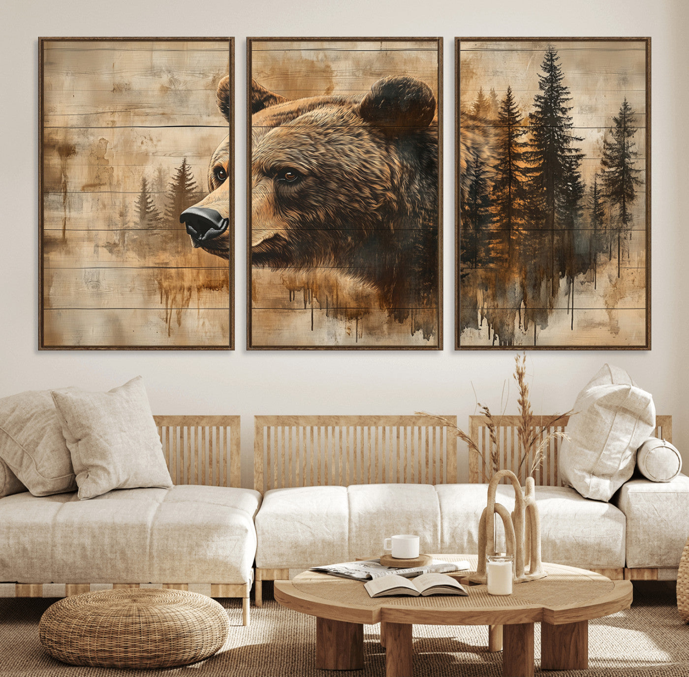 48378-MGV-FC-60X30-3P_Walnut-Rustic Grizzly Bear Wall Art, Abstract Grizzly 399 Bear Wall Art Canvas Print - Woodland Wildlife