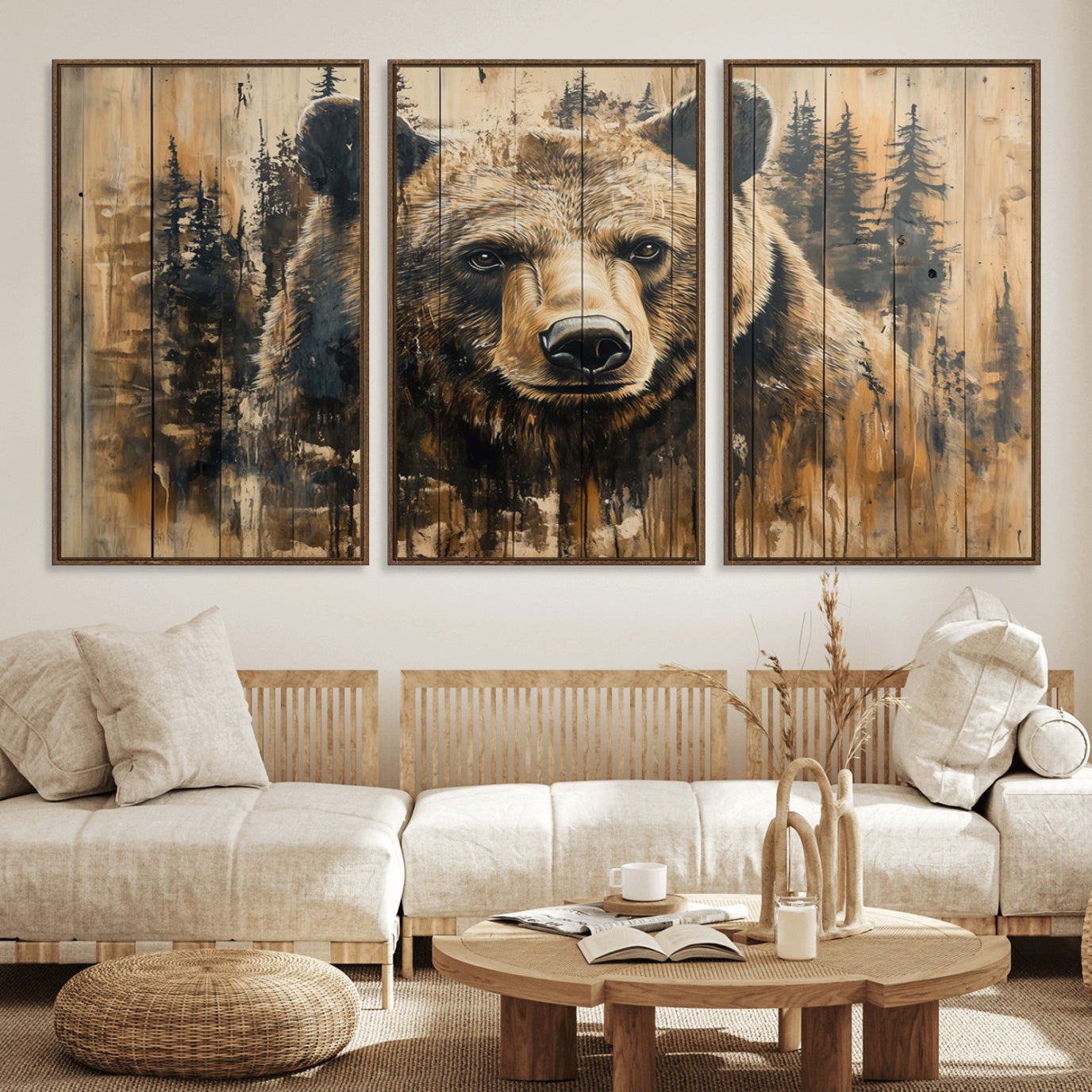 41362-MGV-FC-60X30-3P_Walnut-Majestic Grizzly 399 Bear Wall Art | 3-Panel Rustic Canvas Print for Living Room, Office, or Cabin