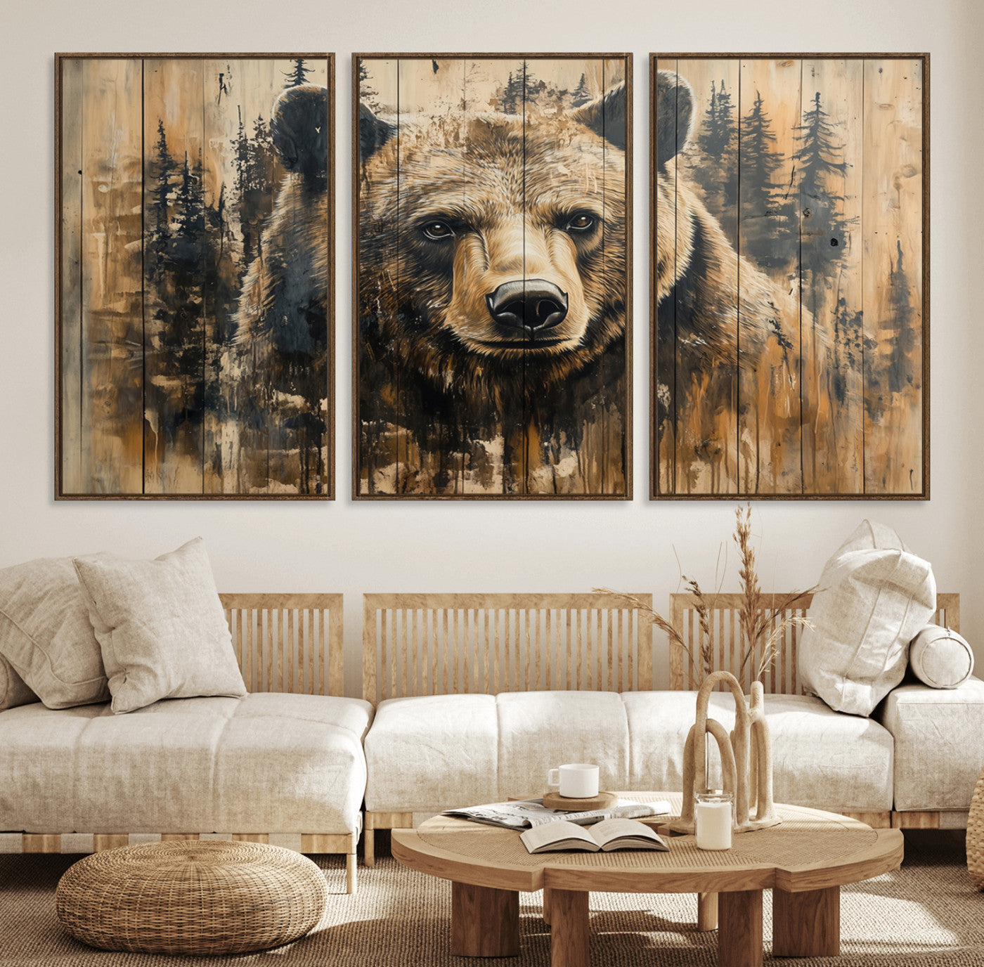41362-MGV-FC-60X30-3P_Walnut-Majestic Grizzly 399 Bear Wall Art | 3-Panel Rustic Canvas Print for Living Room, Office, or Cabin