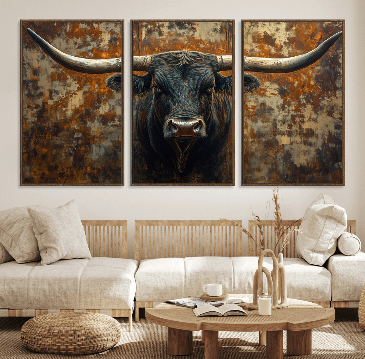68068-MGV-FC-60X30-3P_Walnut-Longhorn Texas Cow Bull Wall Art | Rustic Farmhouse Canvas Print | Ready to Hang Barn Decor for