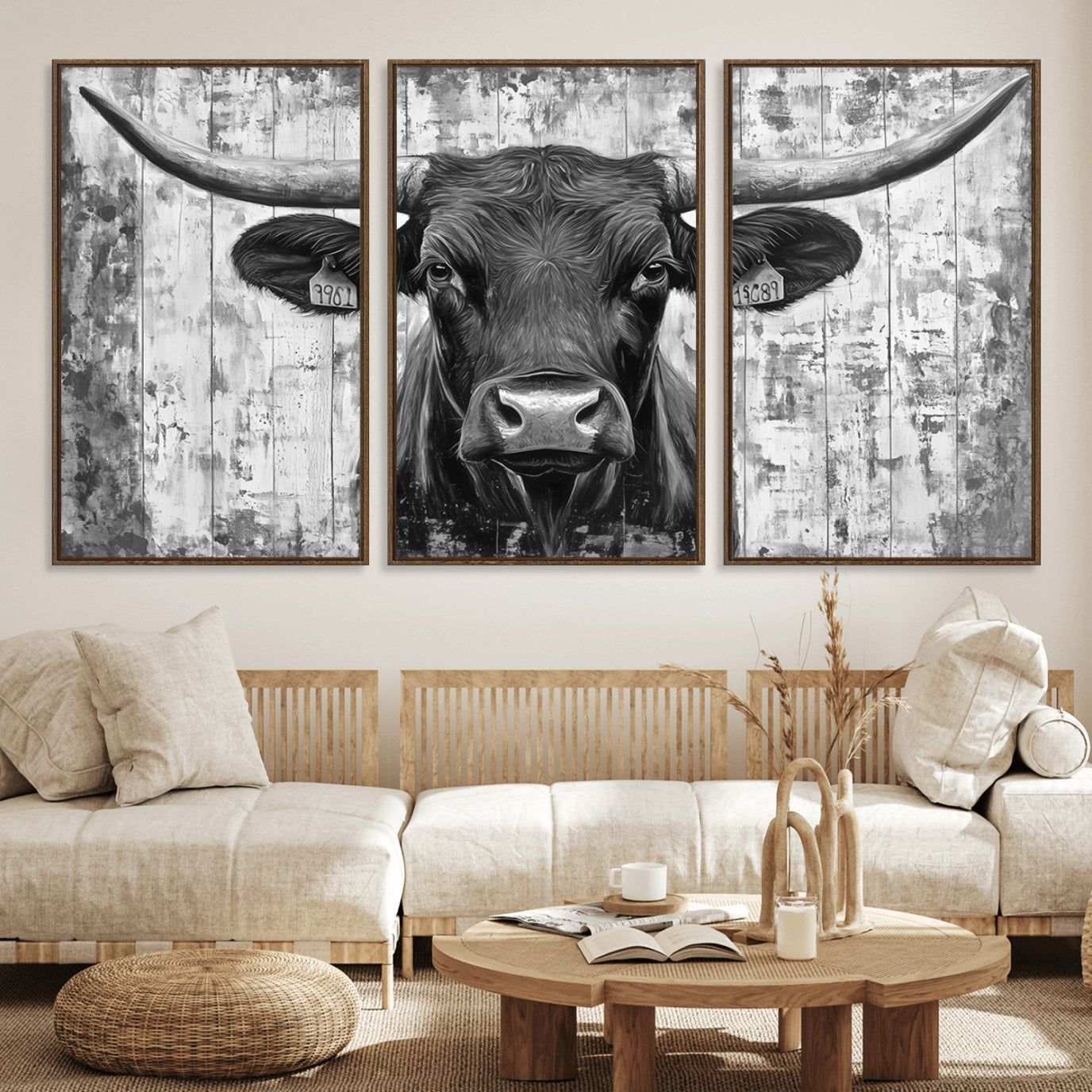 45514-MGV-FC-60X30-3P_Walnut-Abstract Longhorn Bull Wall Art Canvas Print - Rustic Texas Western Cow Artwork