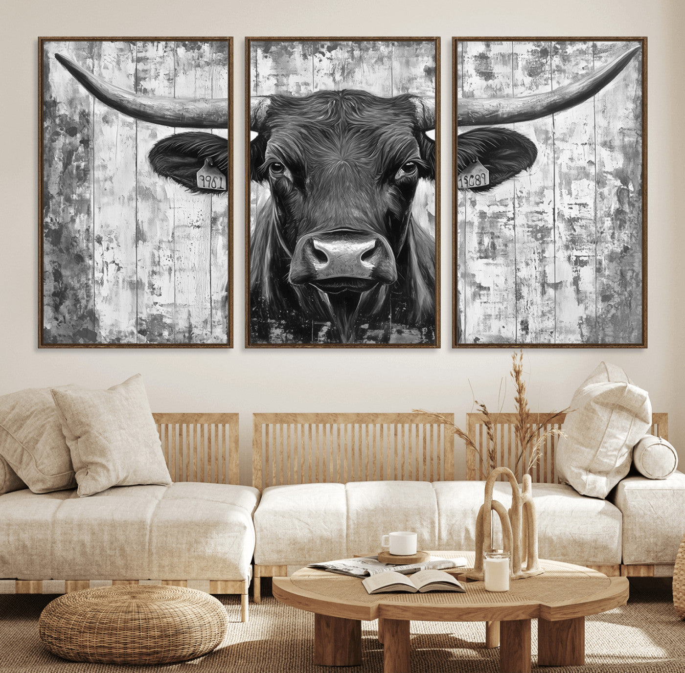 45514-MGV-FC-60X30-3P_Walnut-Abstract Longhorn Bull Wall Art Canvas Print - Rustic Texas Western Cow Artwork