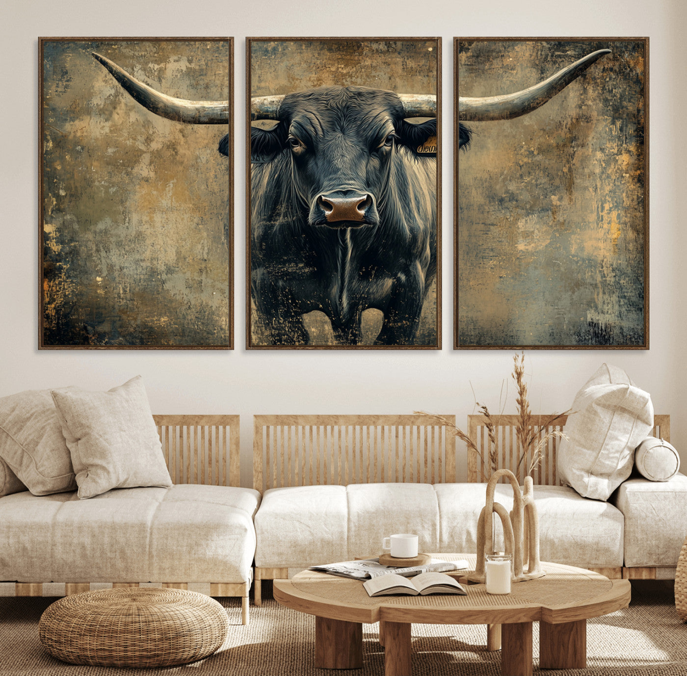 57385-MGV-FC-60X30-3P_Walnut-Texas Longhorn Bull Wall Art – Framed Rustic Cow Canvas Print, Western Farmhouse Decor Artwork for Living Room or Office