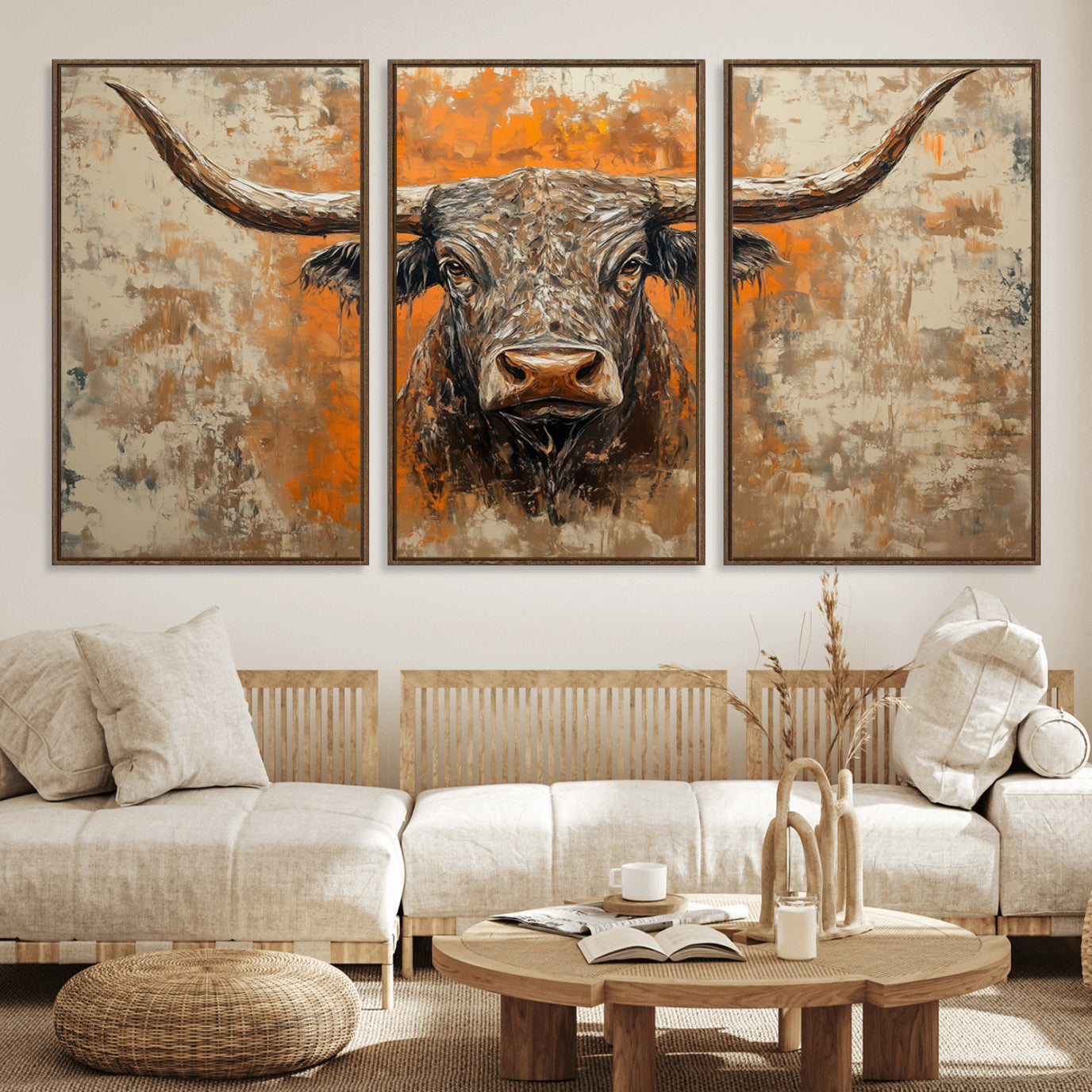 49976-MGV-FC-60X30-3P_Walnut-Abstract Cow Longhorn Bull Wall Art Canvas Print - Rustic Texas Western Cattle Artwork