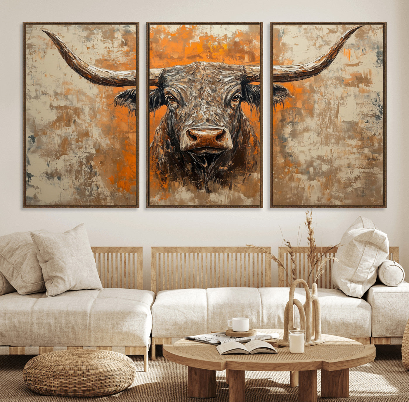 49976-MGV-FC-60X30-3P_Walnut-Abstract Cow Longhorn Bull Wall Art Canvas Print - Rustic Texas Western Cattle Artwork