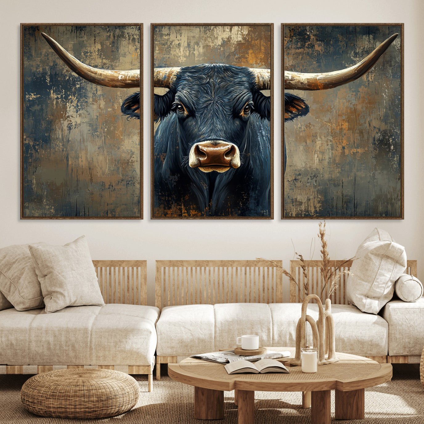 42026-MGV-FC-60X30-3P_Walnut-Texas Western Wall Art Canvas Print - Abstract Cow Longhorn Bull Wall Art Canvas Print - Rustic Cow