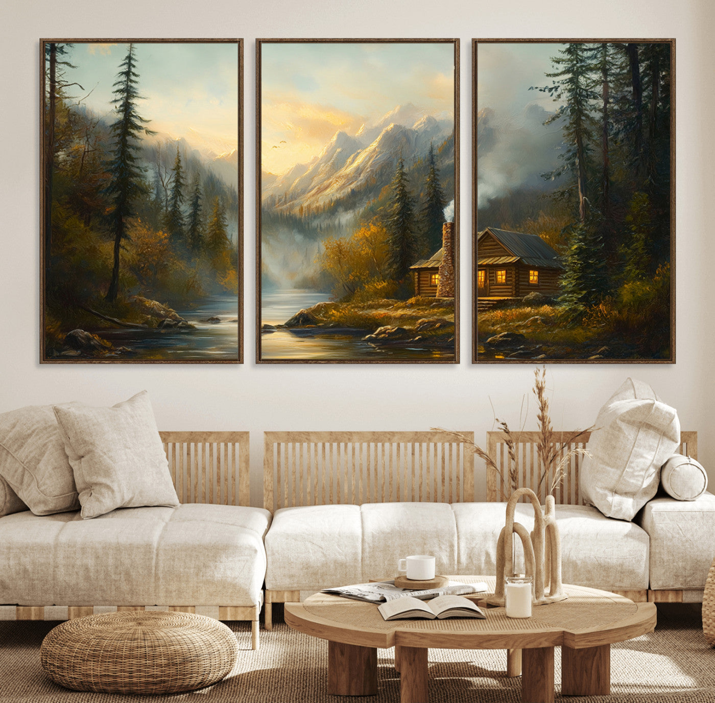 76464-MGV-FC-60X30-3P_Walnut-Wood Cabin Retreat Mountain at Sunset Wall Art Print - Serene Forest and River Landscape Wall Art