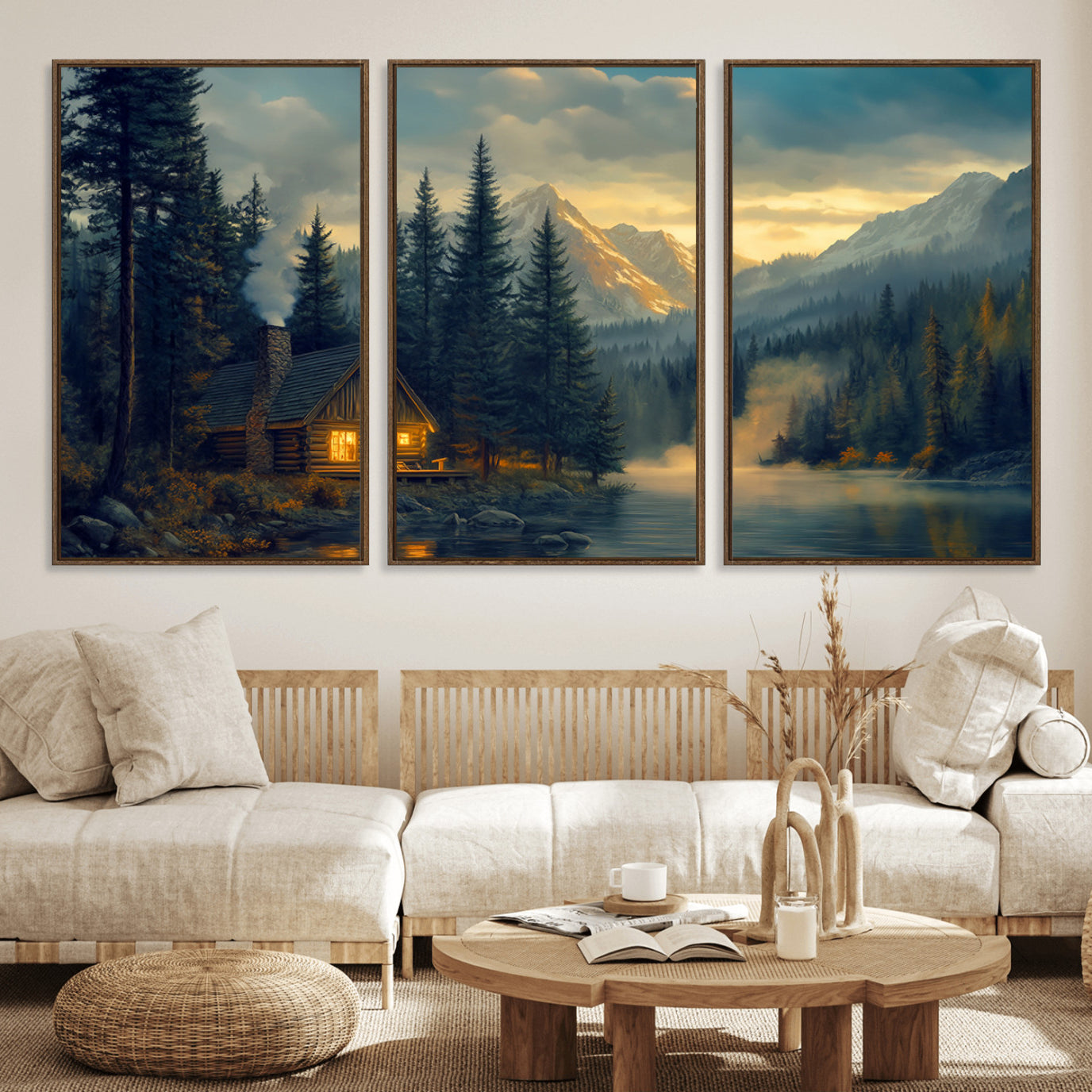 94027-MGV-FC-60X30-3P_Walnut-Mountain Cabin by the Lake at Sunset Wall Art - Serene Nature Canvas Print for Living Room Decor,