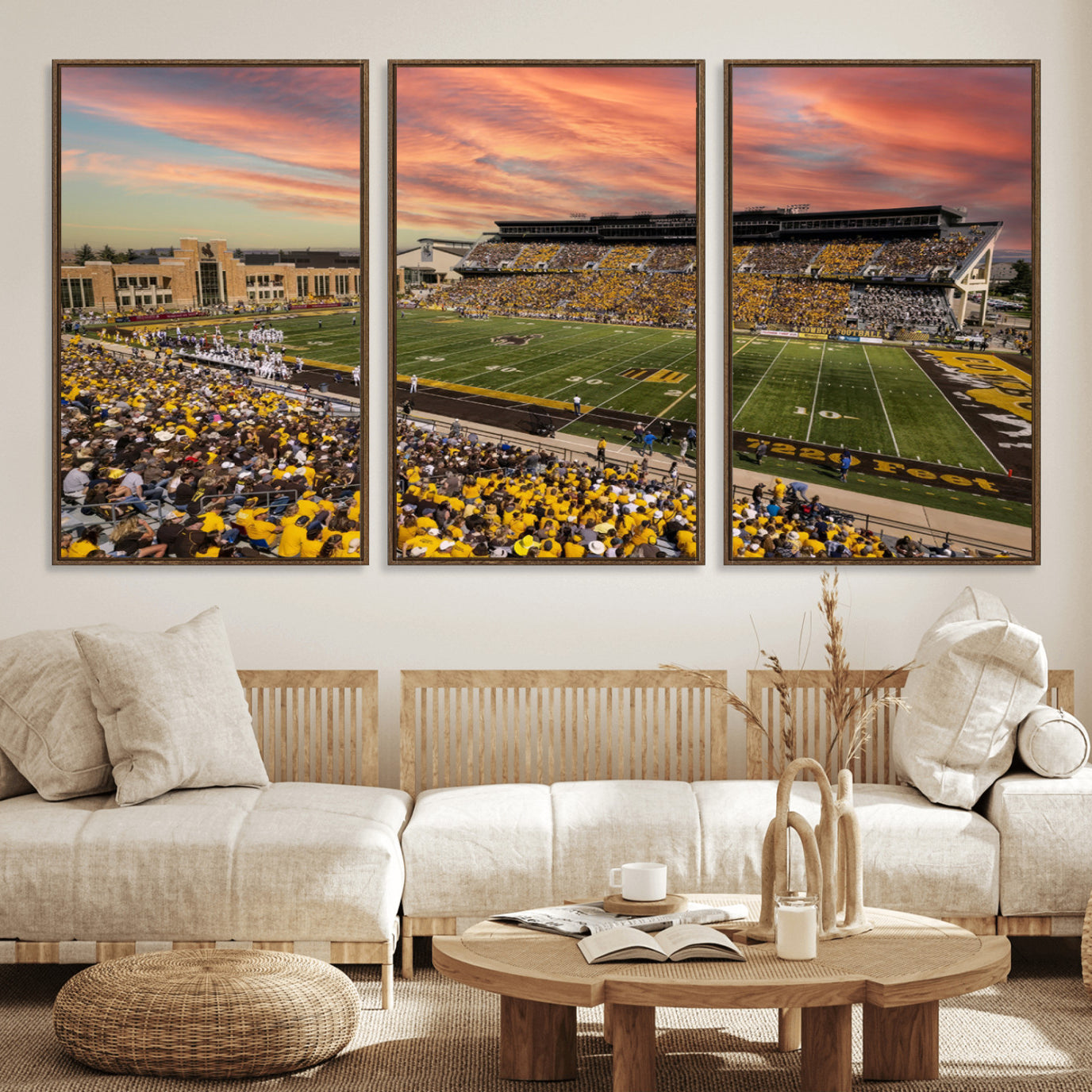 90508-MGV-FC-60X30-3P_Walnut-University of Wyoming Cowboys Football Team Print - Laramie Jonah Field War Memorial Stadium Wall