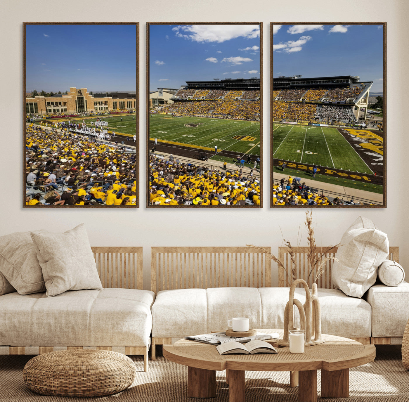 75112-MGV-FC-60X30-3P_Walnut-University of Wyoming Cowboys Football Team Print - Laramie Jonah Field War Memorial Stadium Wall