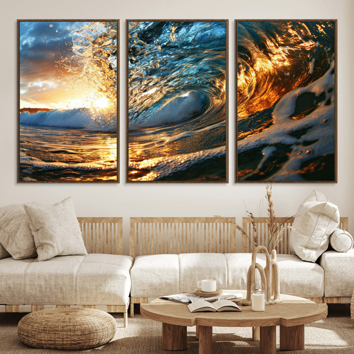 41370-MGV-FC-60X30-3P_Walnut-Ocean Wave at Sunset Canvas Wall Art – Vibrant Coastal Beach Waves Print, Large Nautical Decor,