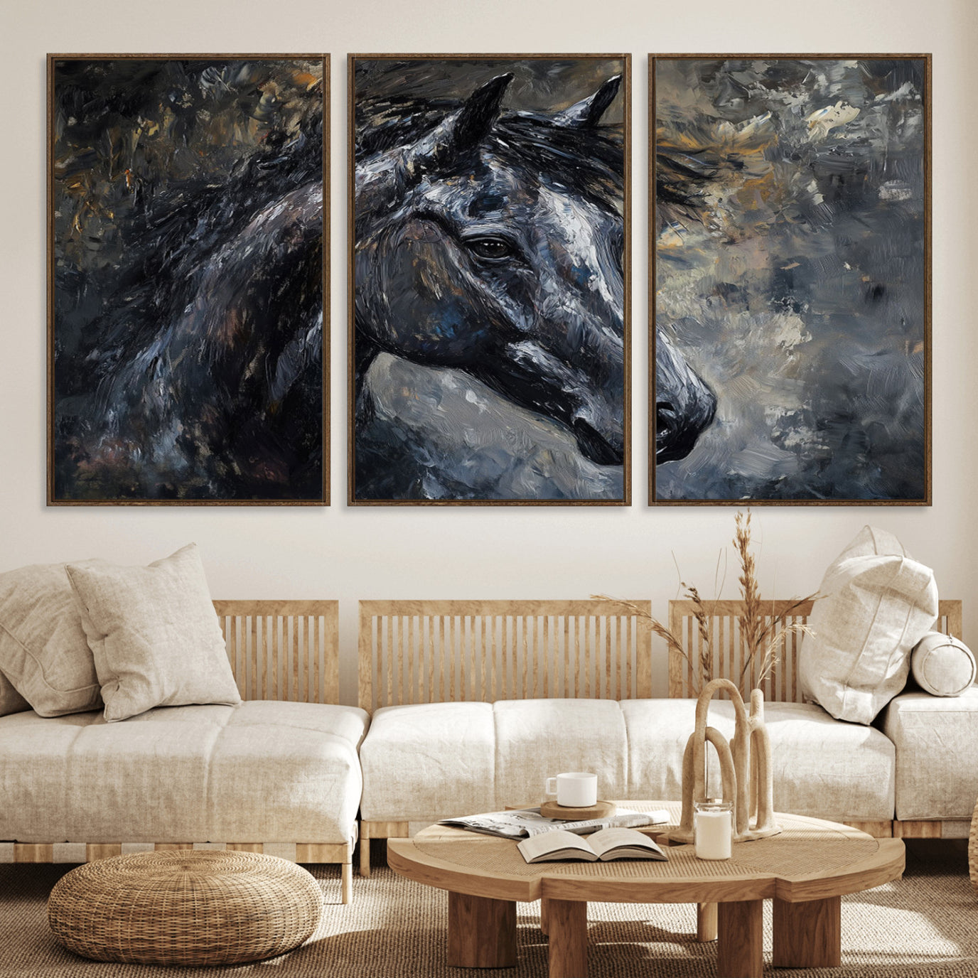 74166-MGV-FC-60X30-3P_Walnut-Large Abstract Horse Wall Art Canvas Print | Farmhouse Wall Decor | Rustic Horse Art | Western Cabin