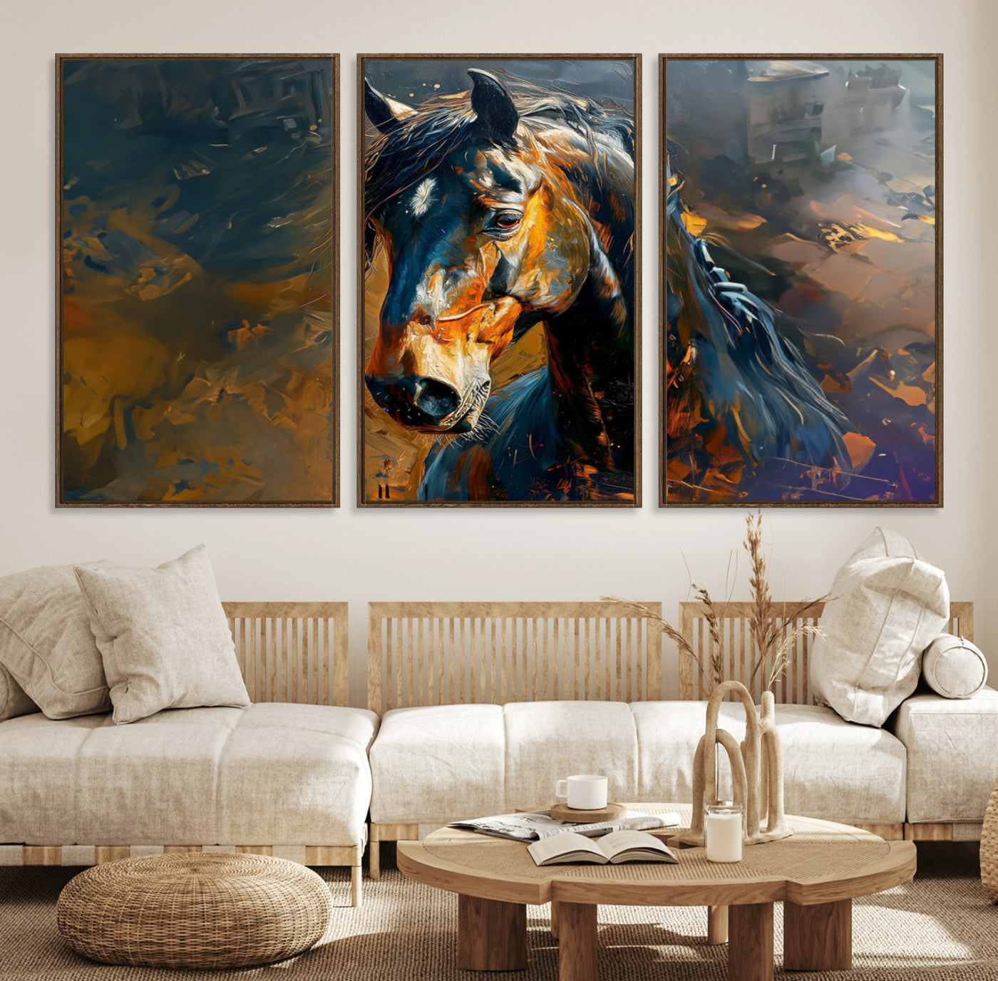 29909-MGV-FC-60X30-3P_Walnut-Abstract Horse Wall Art Canvas Print | Farmhouse Wall Decor | Western Cabin Art | Rustic Horse Decor