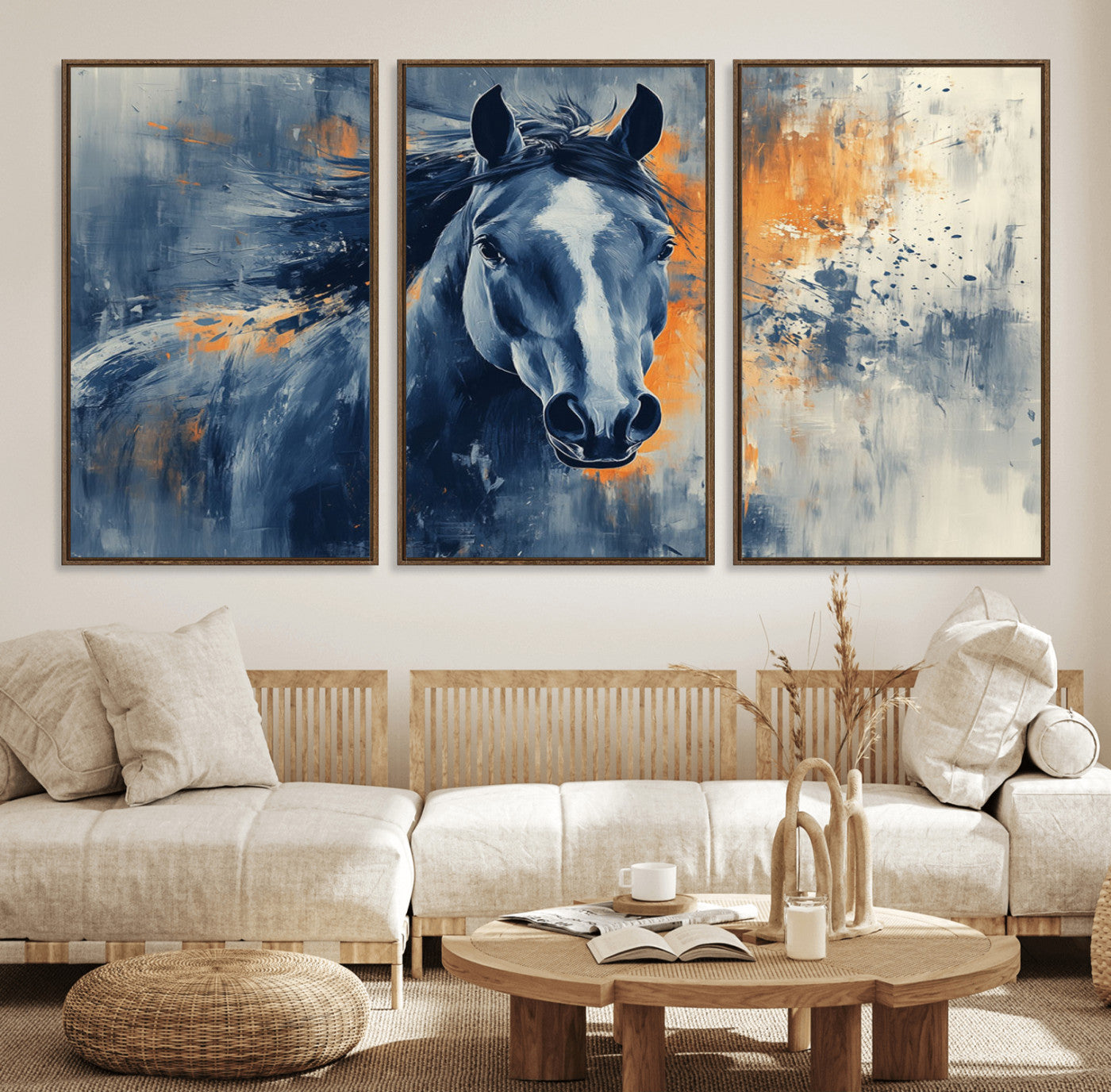 52676-MGV-FC-60X30-3P_Walnut-Abstract Blue Horse Wall Art Print Canvas | Horse Wall Art Print | Western Decor for Farmhouse |