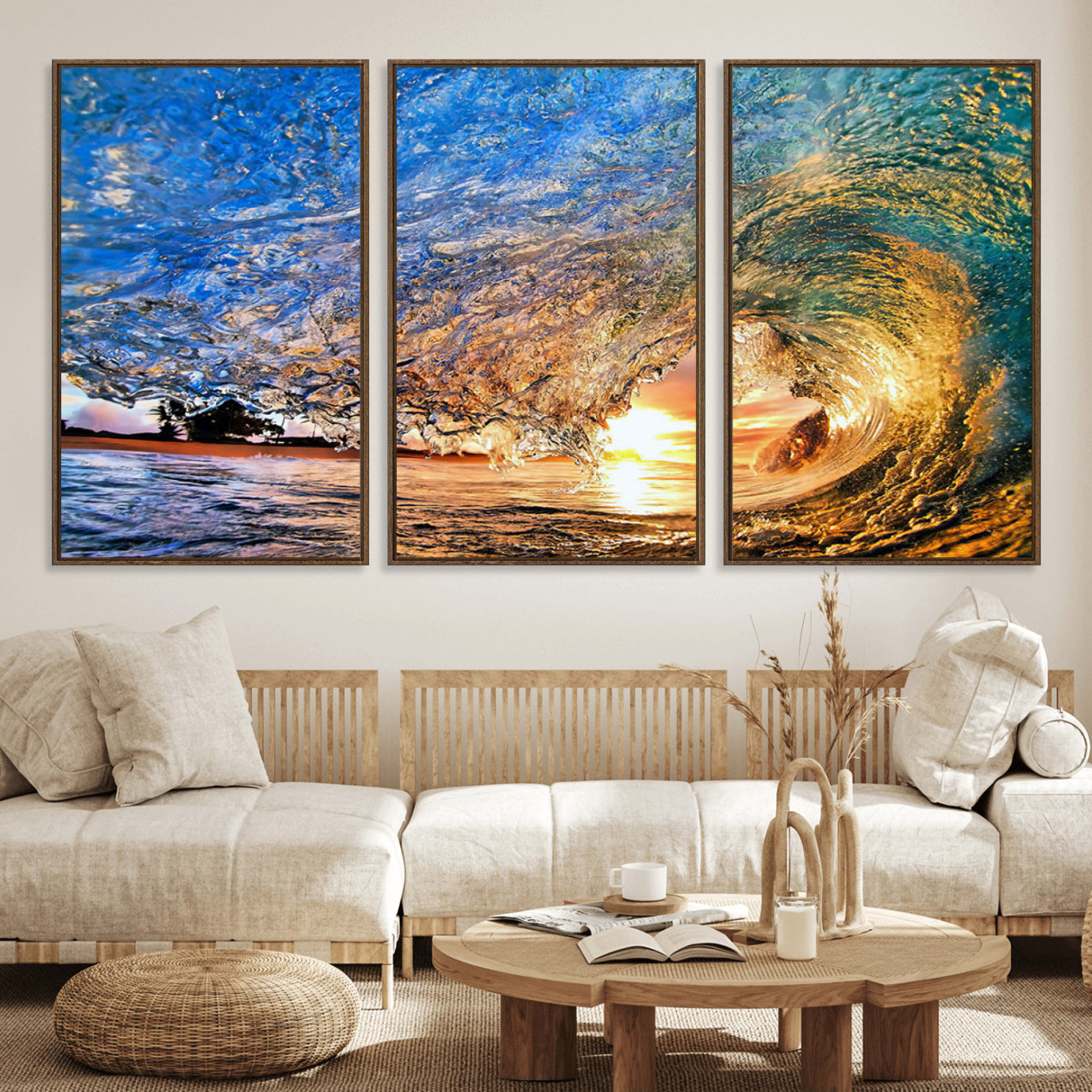 84627-MGV-FC-60X30-3P_Walnut-Ocean Wave at Sunset Canvas Wall Art – Vibrant Coastal Beach Waves Print, Large Nautical Decor,