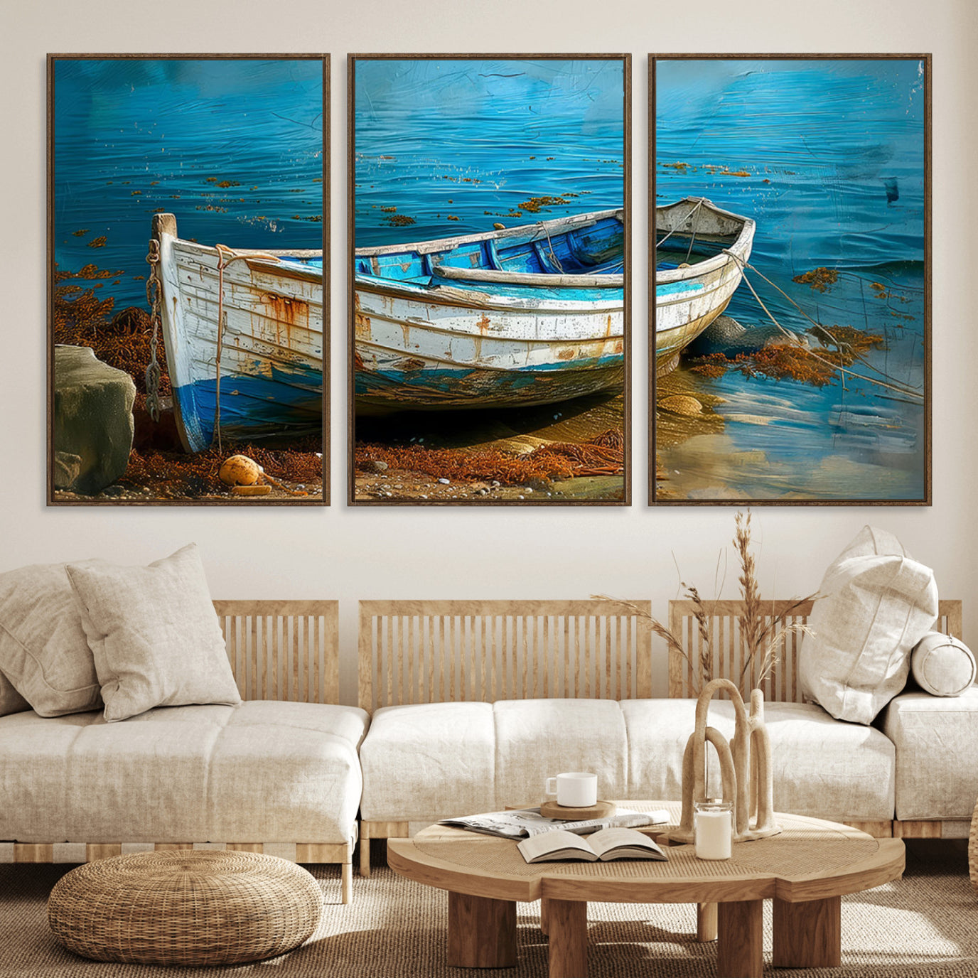 54716-MGV-FC-60X30-3P_Walnut-Vintage Boat on Tranquil Waters | Coastal Wall Art for Nautical Decor | Rustic Triptych Canvas Print