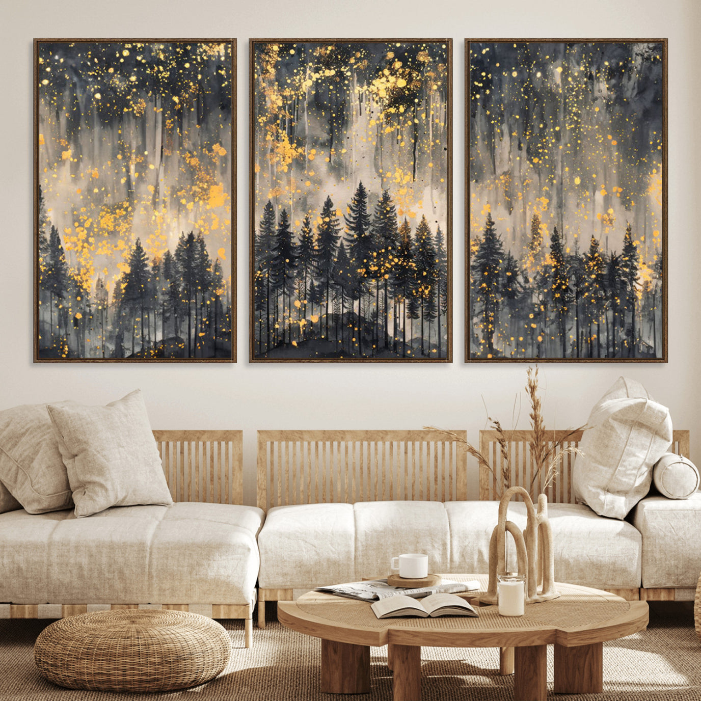 46049-MGV-FC-60X30-3P_Walnut-Golden Forest Abstract Wall Art | Dark Forest with Gold Splatter Accents | Triptych Ready to Hang