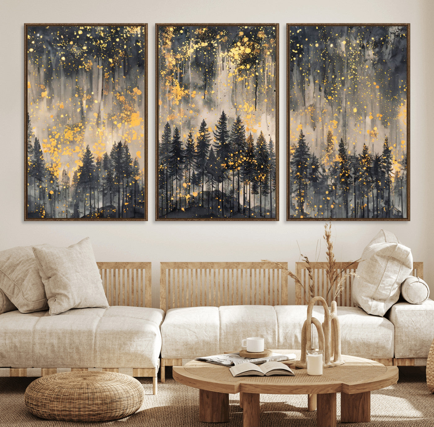 46049-MGV-FC-60X30-3P_Walnut-Golden Forest Abstract Wall Art | Dark Forest with Gold Splatter Accents | Triptych Ready to Hang