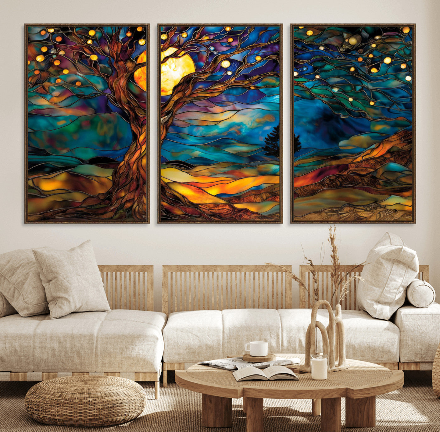 18319-MGV-FC-60X30-3P_Walnut-Tree of Life Wall Art - Yggdrasil Tree of Life Canvas Print - Vibrant Moonlit Tree Wall Art, Tree