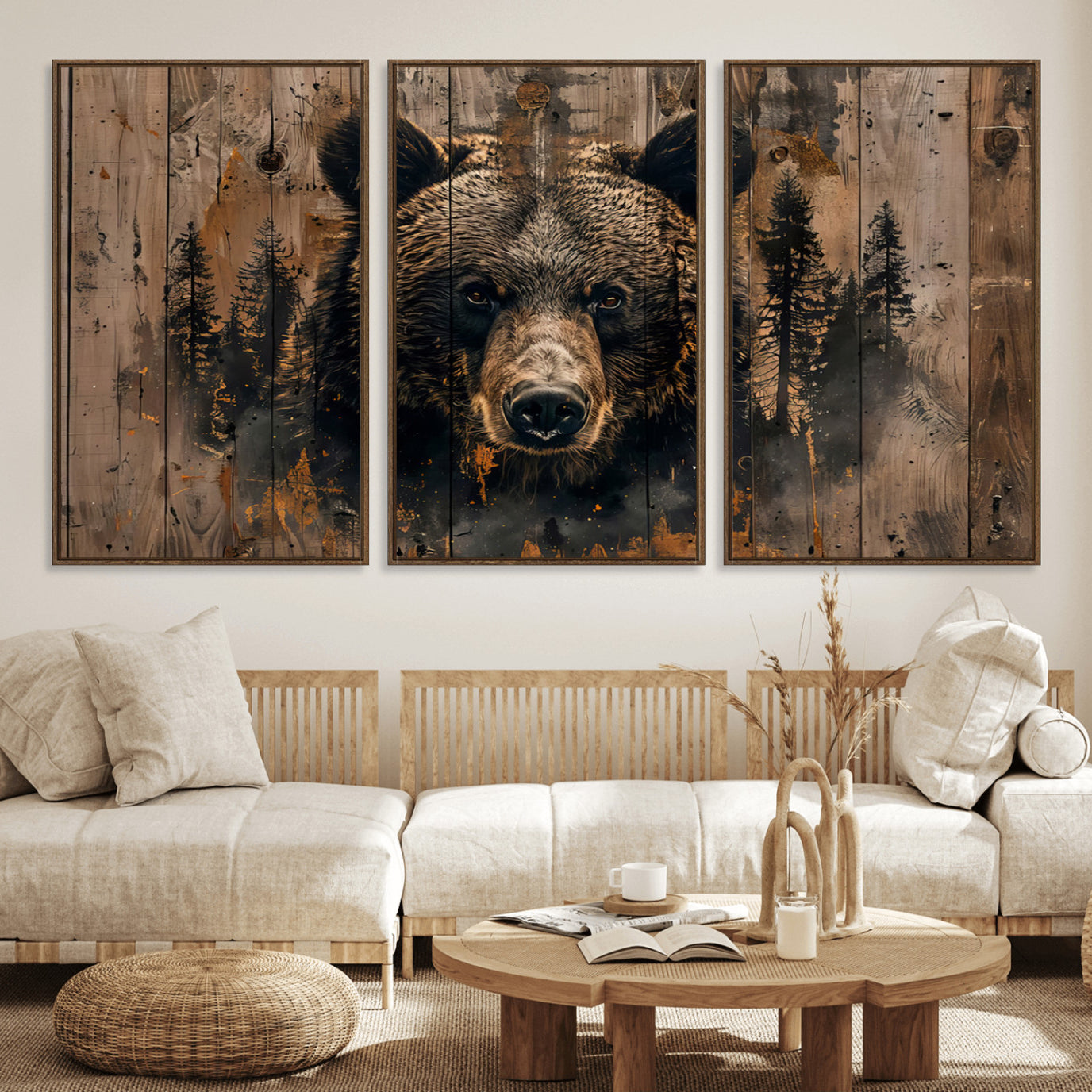 76998-MGV-FC-60X30-3P_Walnut-Rustic Grizzly 399 Wall Art | Triptych Canvas Print | Rustic Cabin Wall Decor | Perfect for