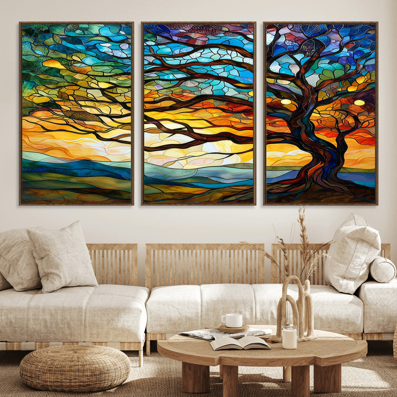 87789-MGV-FC-60X30-3P_Walnut-Vibrant Mosaic Tree of Life Wall Art | Stained Glass Style Canvas Print | Ready to Hang Artistic
