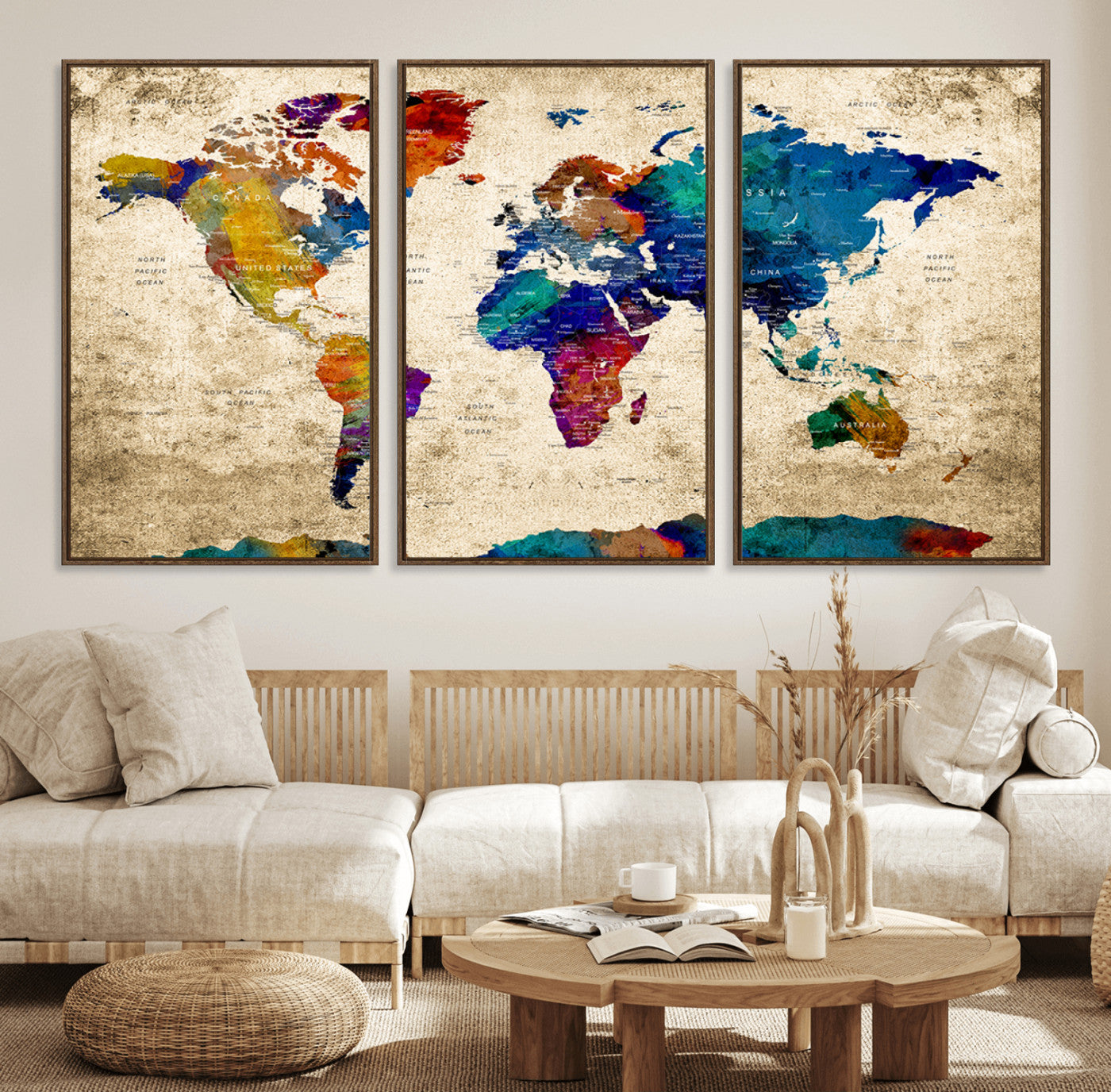 99274-MGV-FC-60X30-3P_Walnut-Push Pin World Map Canvas Print – Travel Tracker Wall Art for Couples, Perfect Anniversary Gift for Home or Office Decor